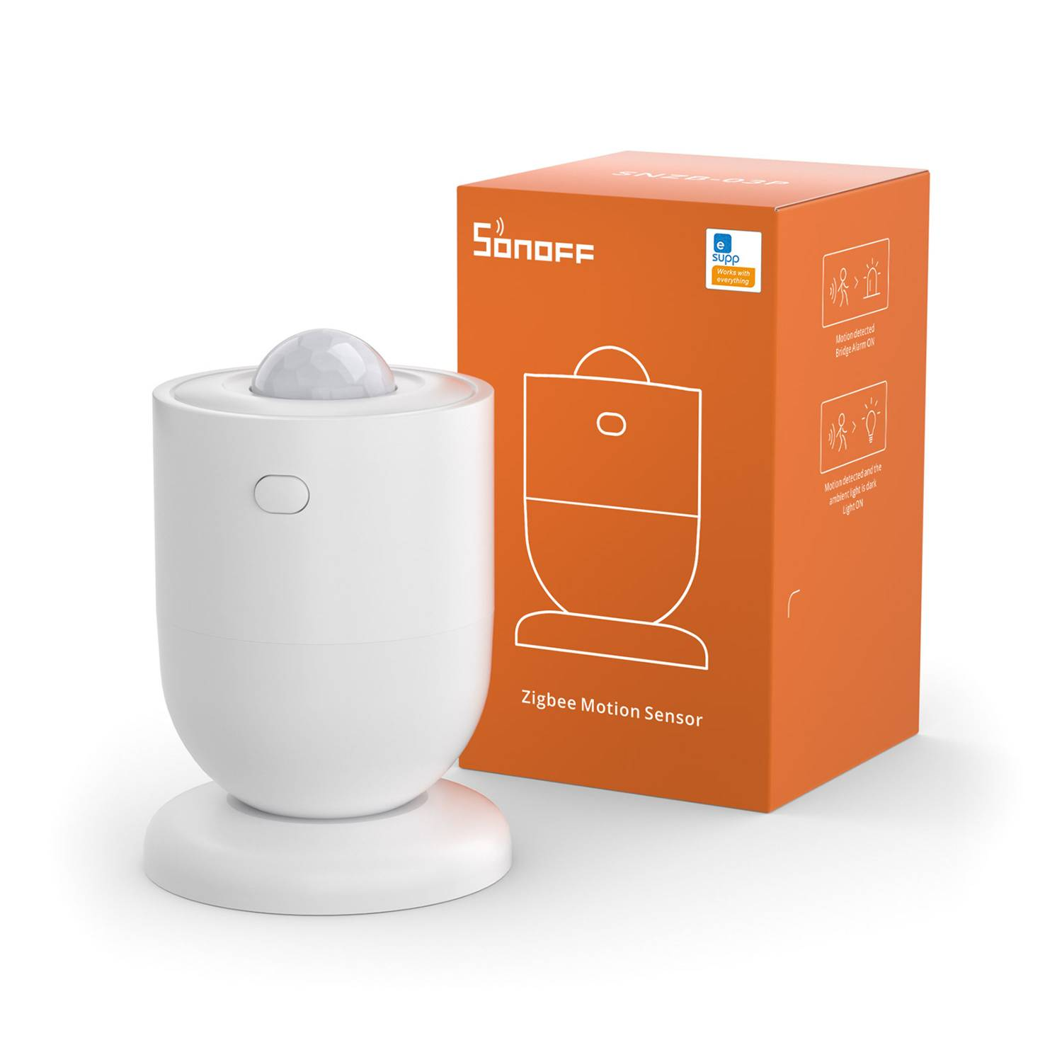 Sensor de movimiento Zigbee blanco junto a su embalaje naranja.