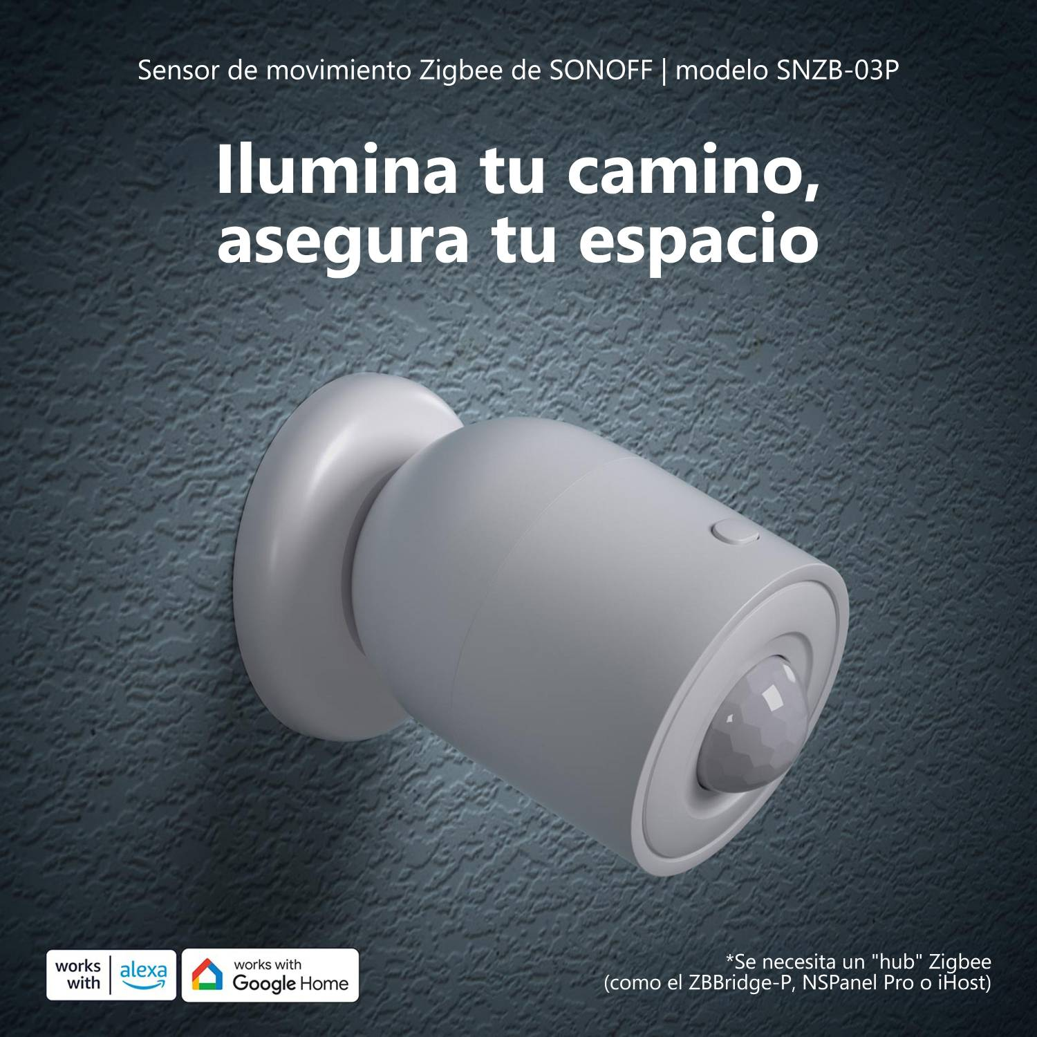 Sensor de movimiento Zigbee SONOFF SNZB-03P gris montado en pared.