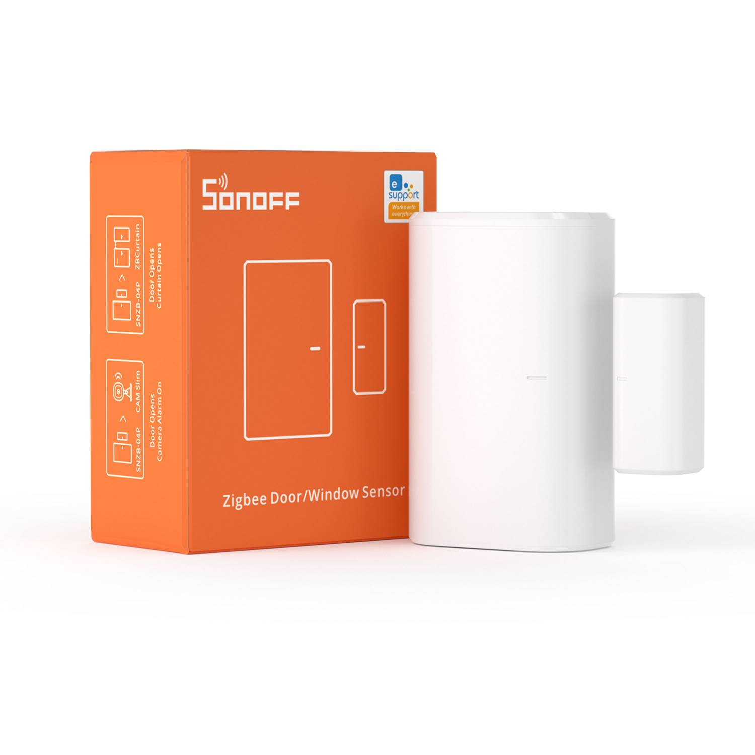 Caja naranja con logo SONOFF, sensores blancos al lado.