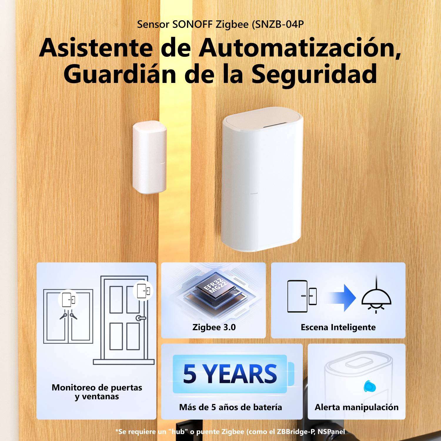 Sensores blancos Zigbee para puertas/ventanas, chip y lámpara sobre fondo de madera.