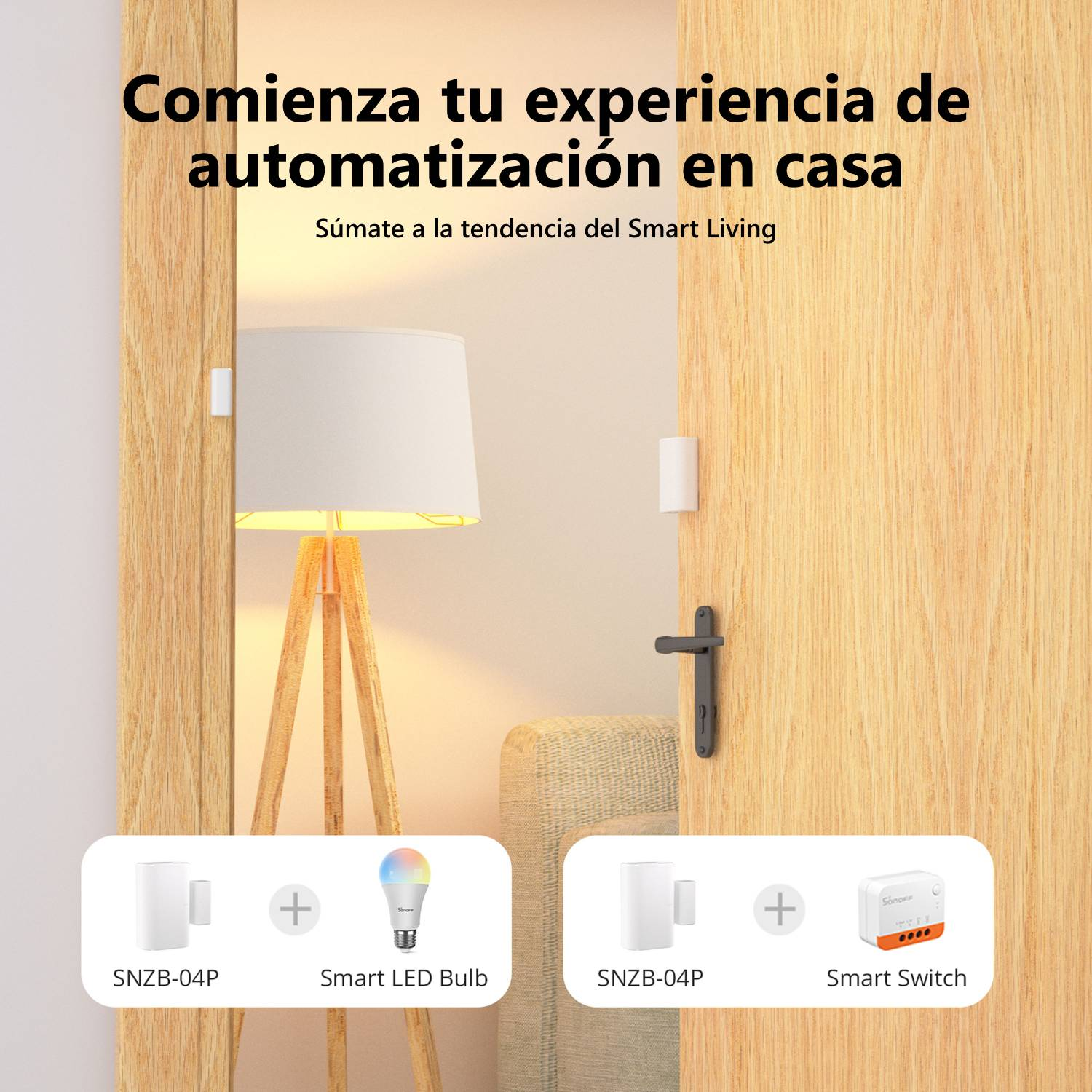 Puerta con dispositivos de hogar inteligente: SNZB-04P, Bombilla LED Inteligente, Interruptor Inteligente.