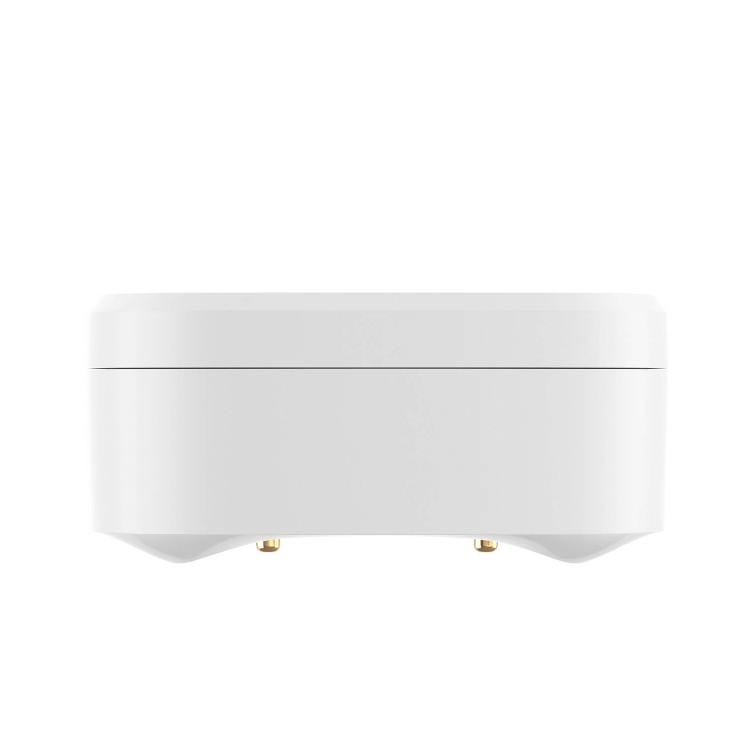 Un dispositivo rectangular blanco con esquinas redondeadas y dos conectores dorados en la parte inferior.