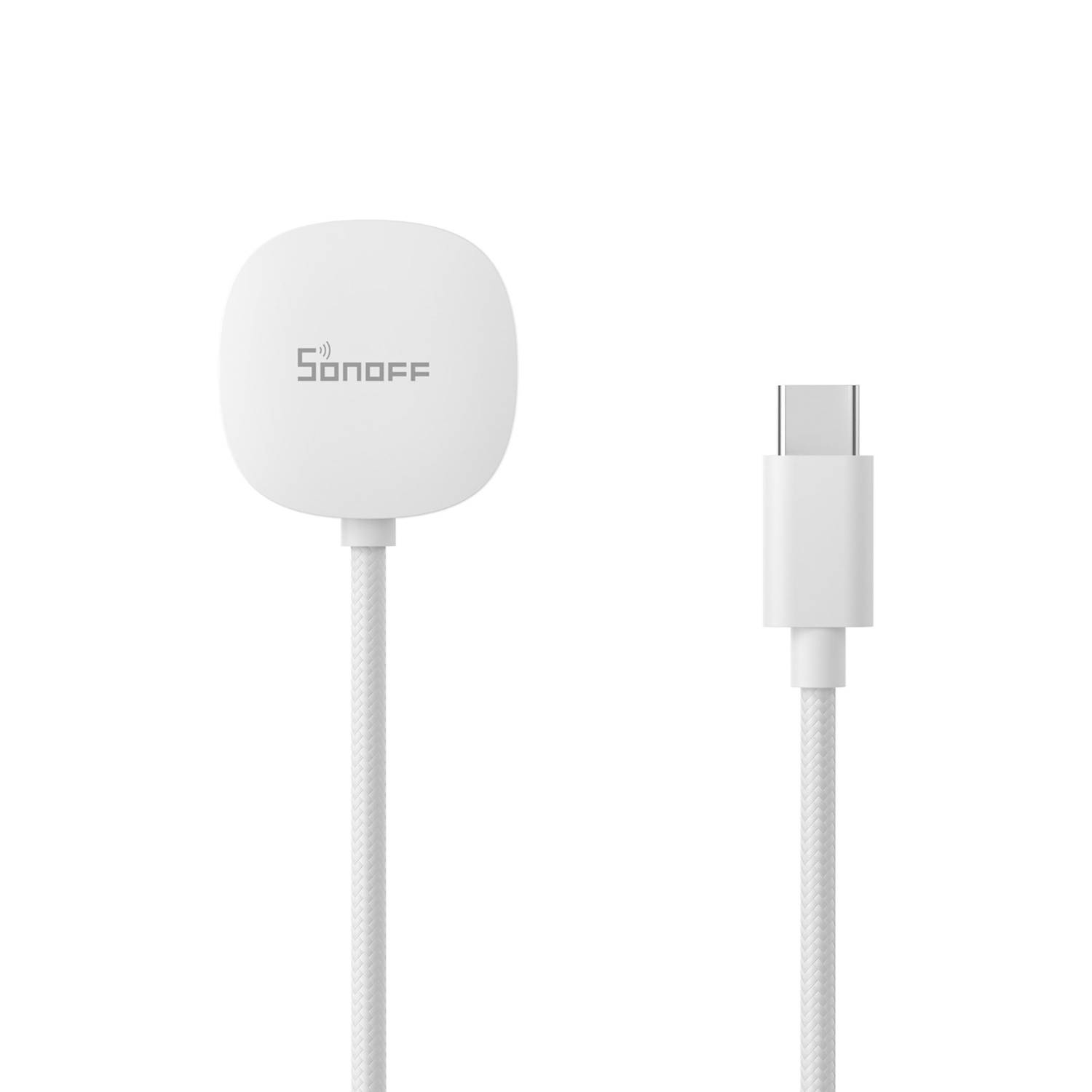 Un dispositivo Sonoff blanco con cable USB-C blanco sobre fondo blanco.