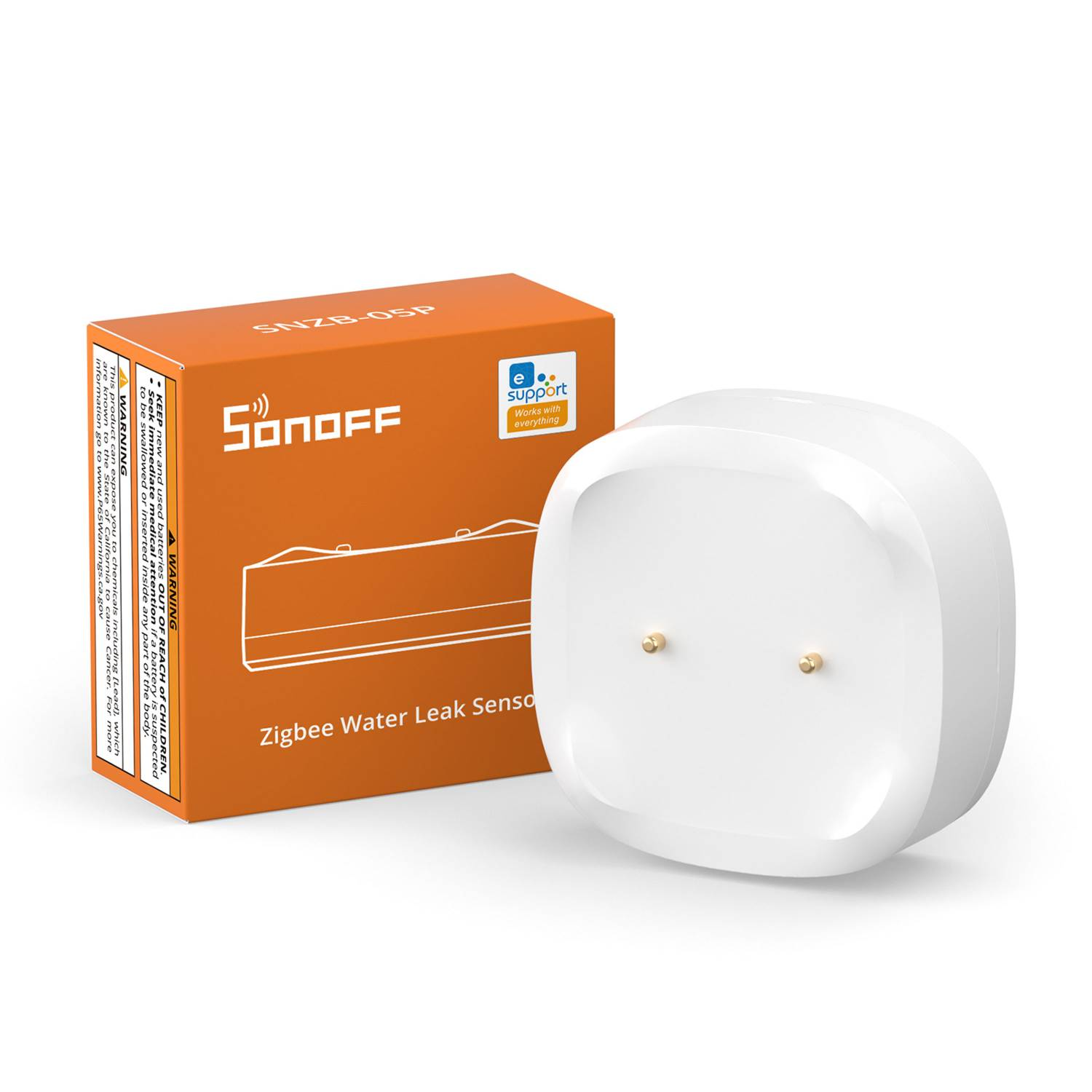 Un sensor blanco de fugas de agua Zigbee junto a su embalaje naranja.