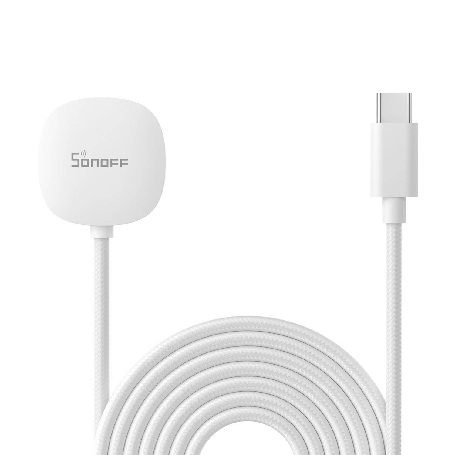 Un concentrador Sonoff blanco con un cable USB-C blanco sobre fondo blanco.