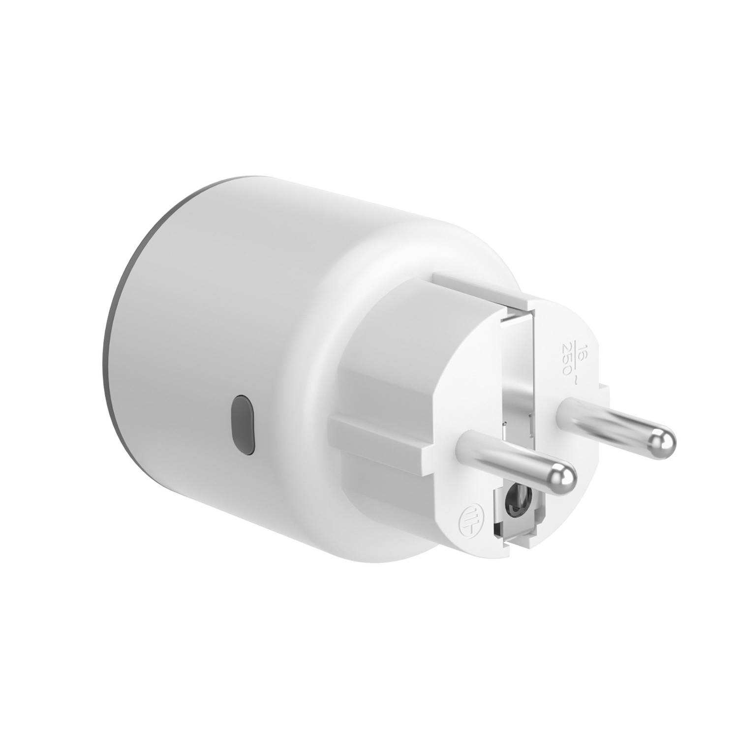Un adaptador de enchufe blanco con dos clavijas plateadas y un pequeño indicador gris.