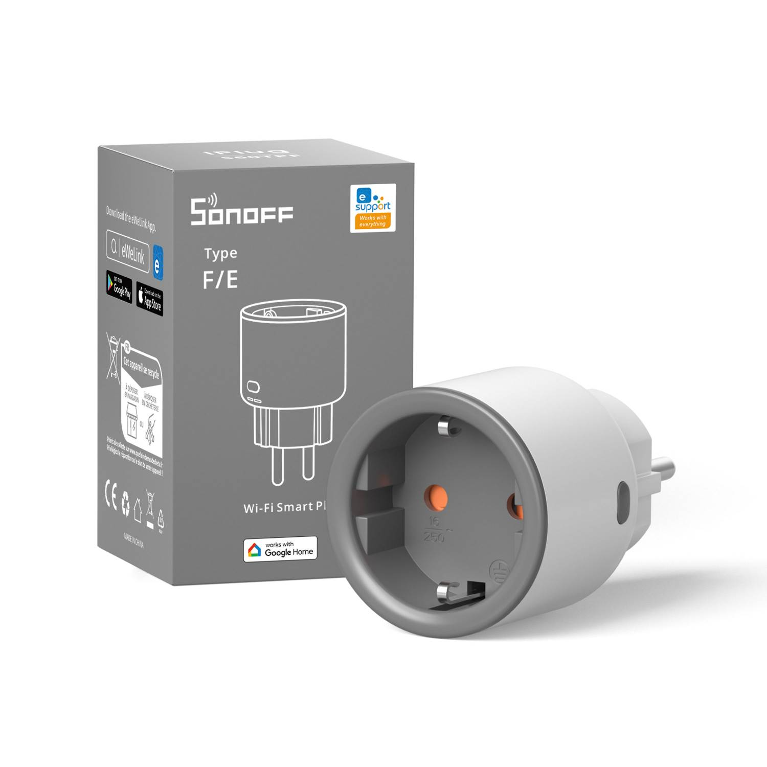 Enchufe inteligente Wi-Fi Sonoff Tipo F/E con embalaje, compatible con Google Home.