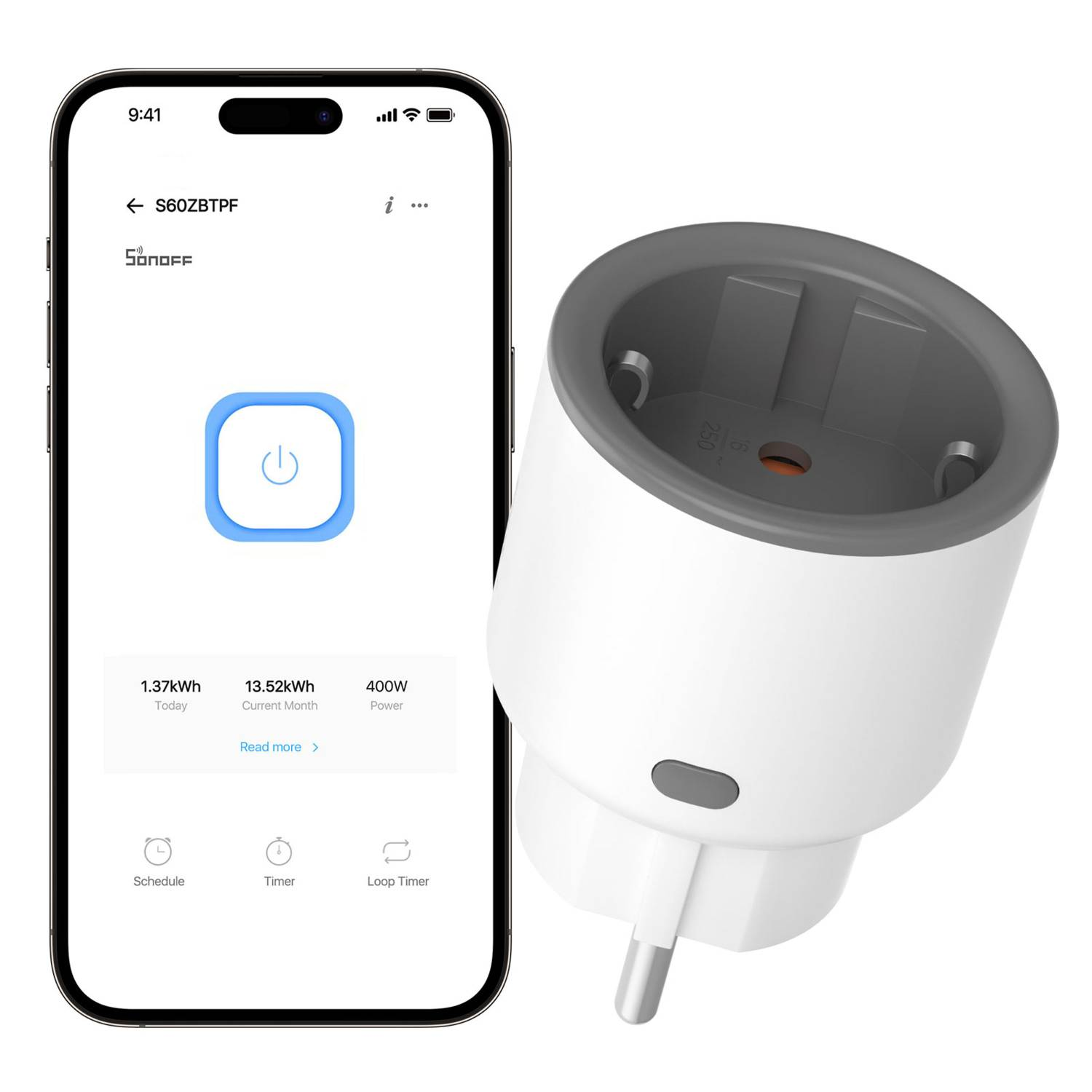 Un smartphone muestra un enchufe inteligente con datos de consumo energético.