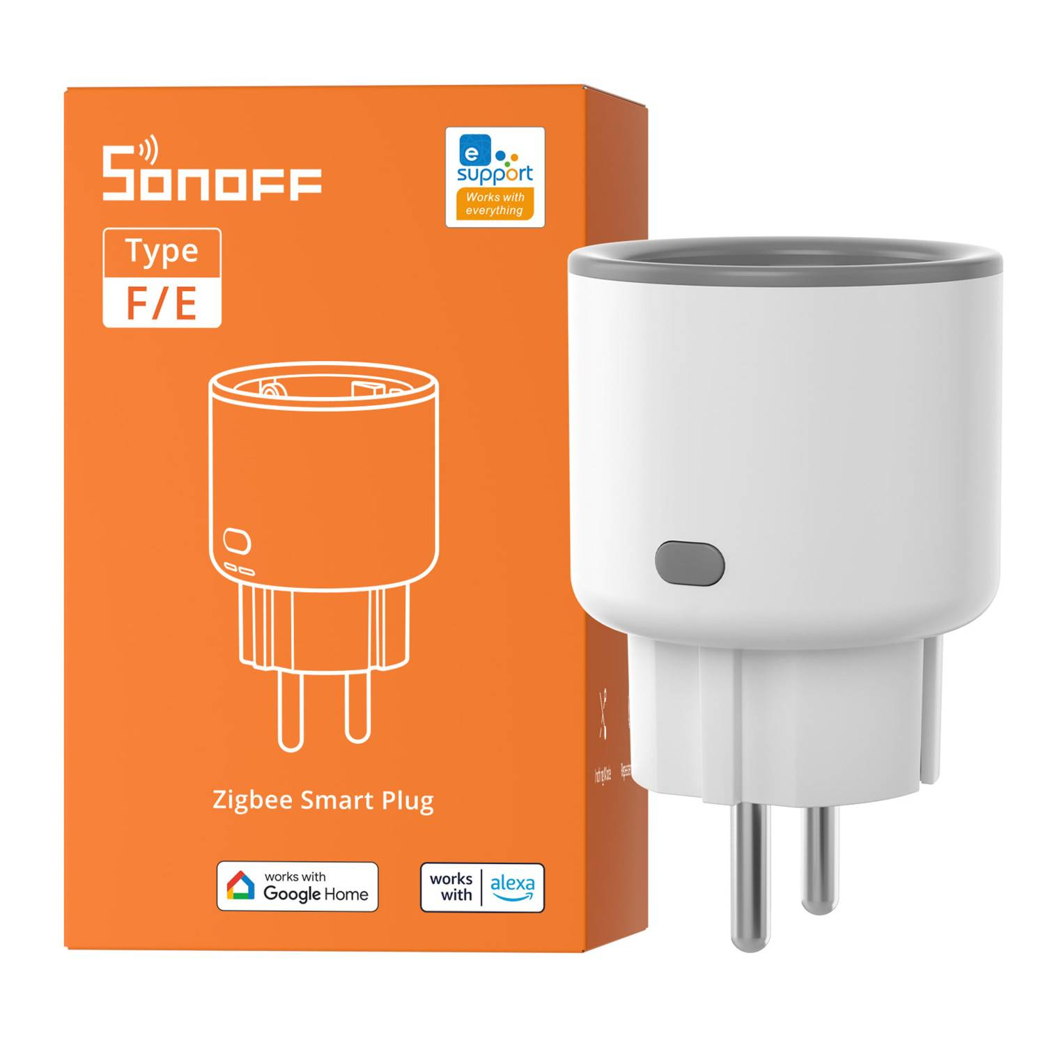 Un enchufe inteligente Zigbee Sonoff blanco con borde gris y botón, sobre caja naranja.