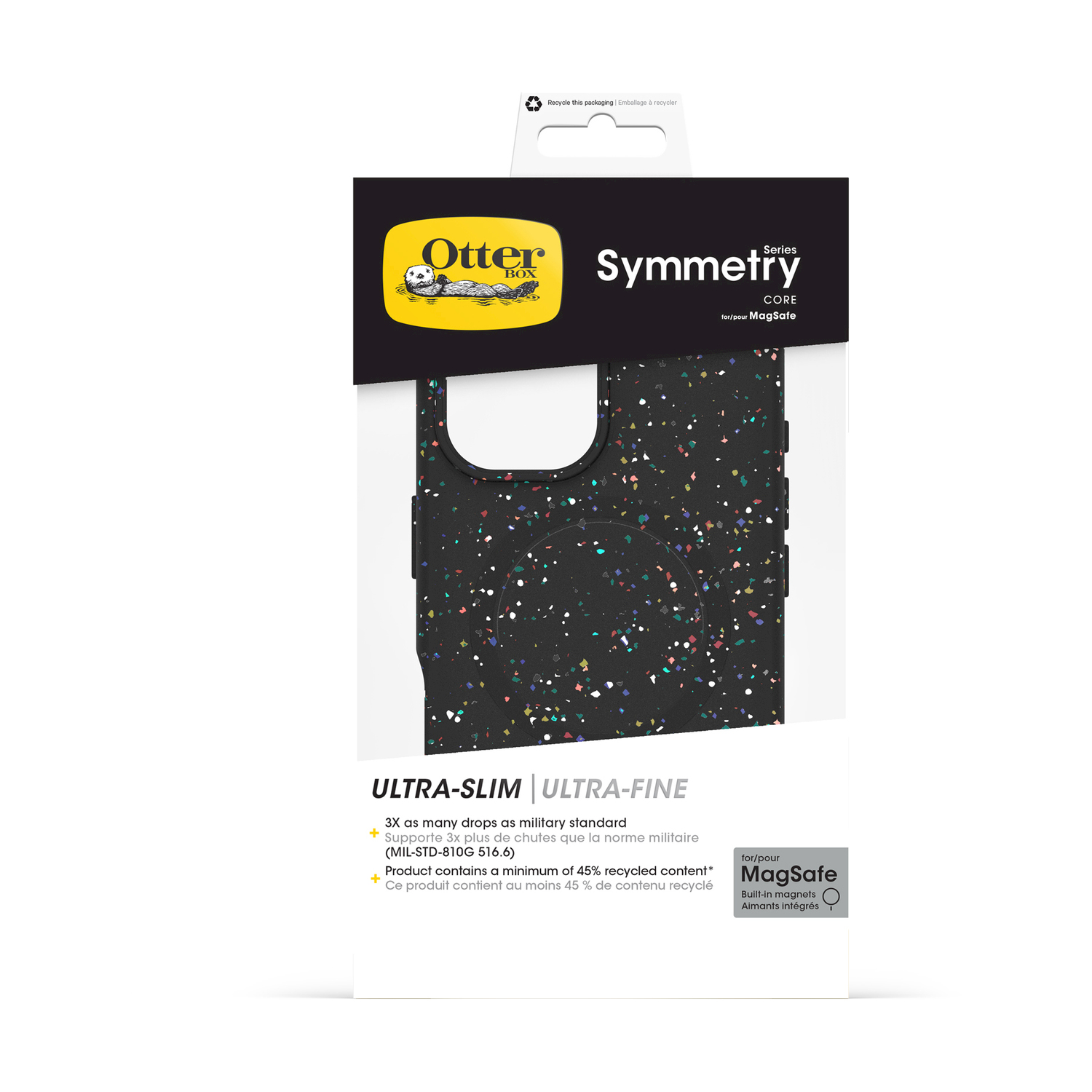 Custodia nera Otterbox Symmetry con macchie colorate, MagSafe e protezione di grado militare.
