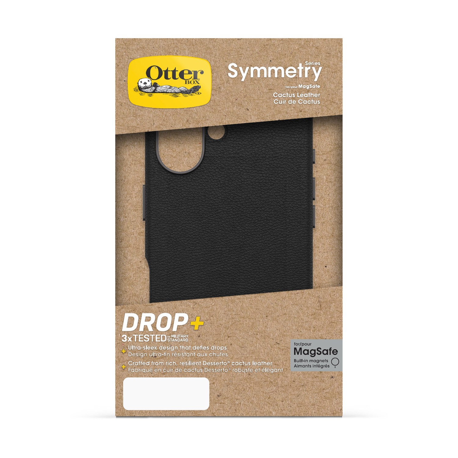 Custodia Otterbox Symmetry nera in pelle di cactus per MagSafe.
