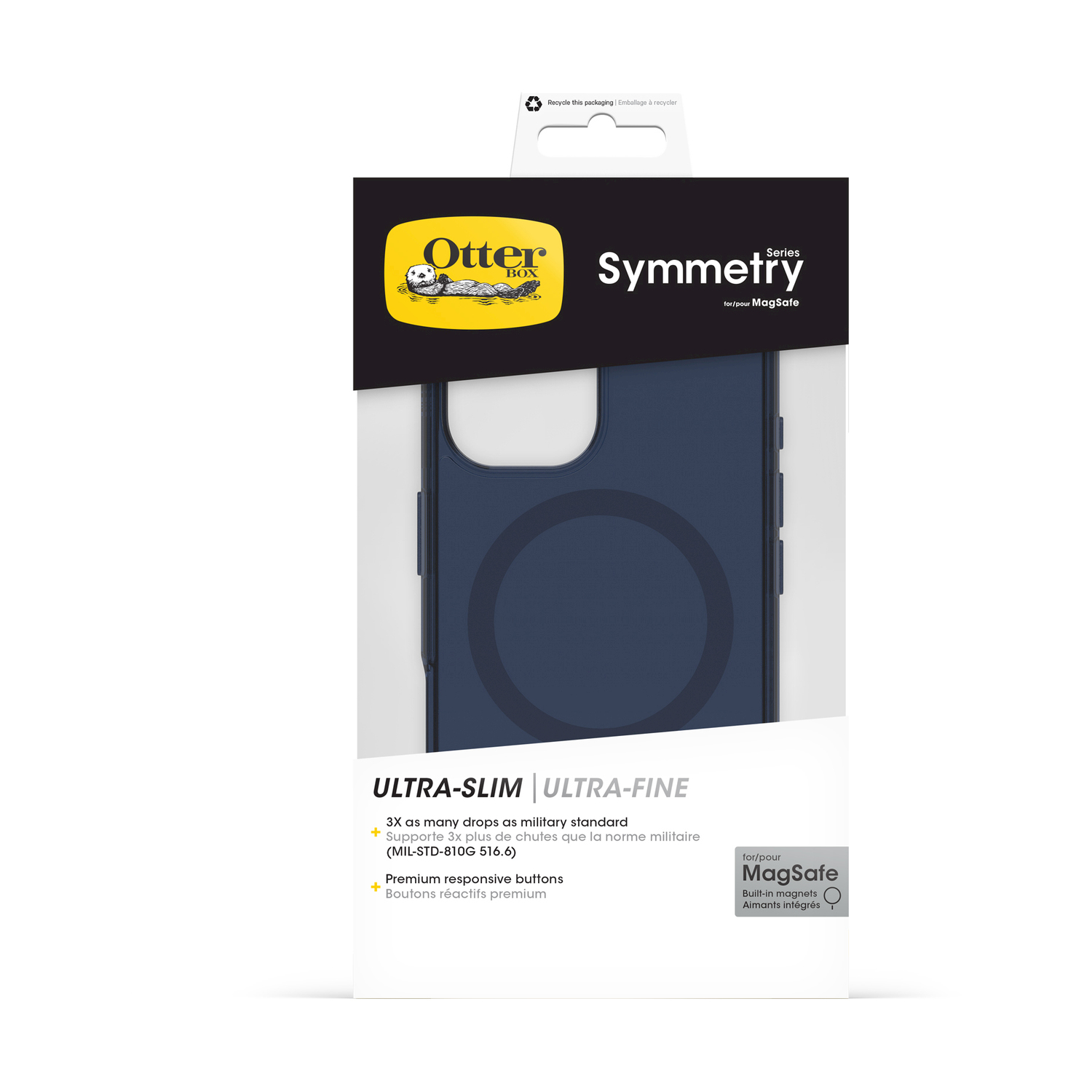 Custodia OtterBox Symmetry per MagSafe, ultra-sottile, blu scuro.