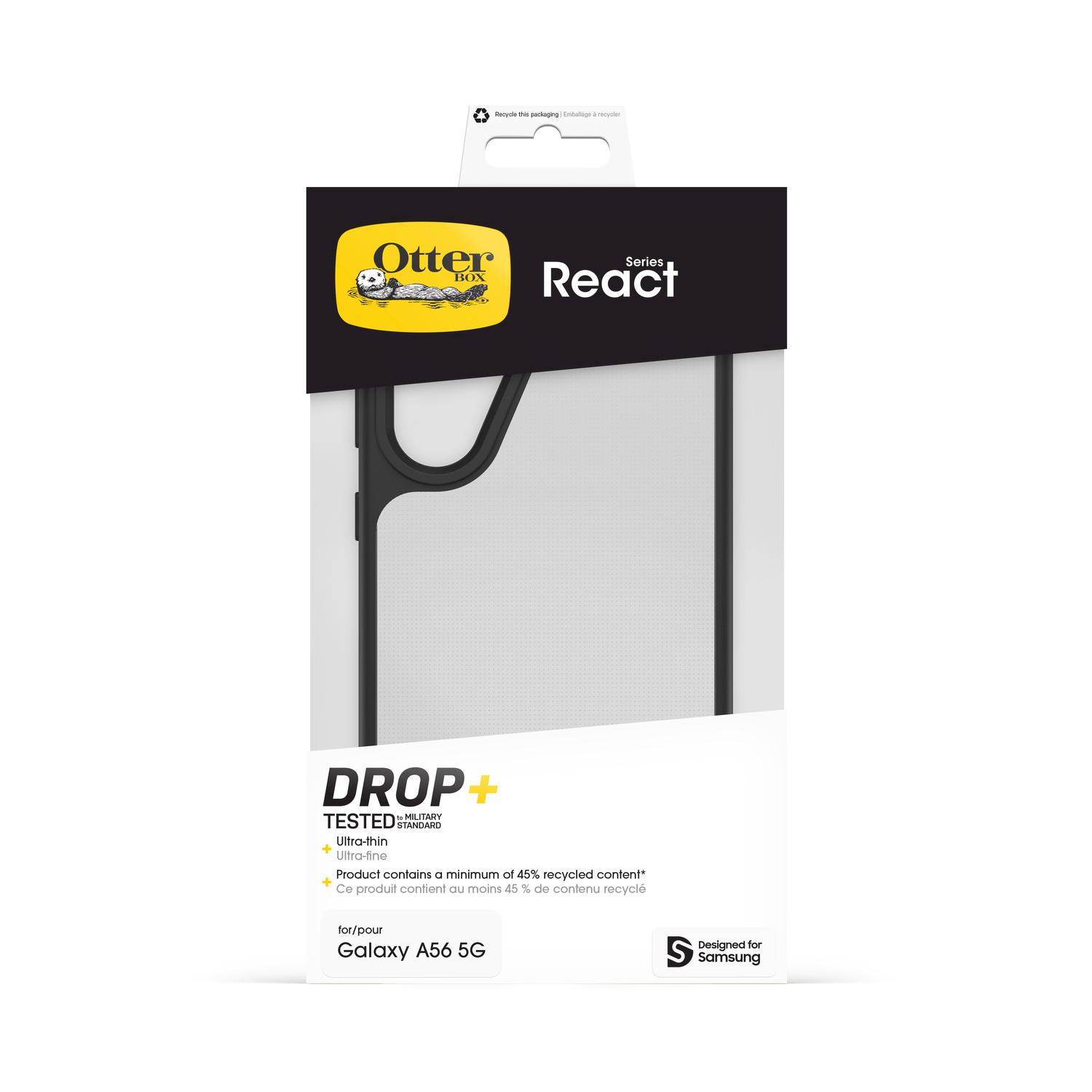Confezione cover OtterBox React Series per Galaxy A56 5G, testata Drop+.