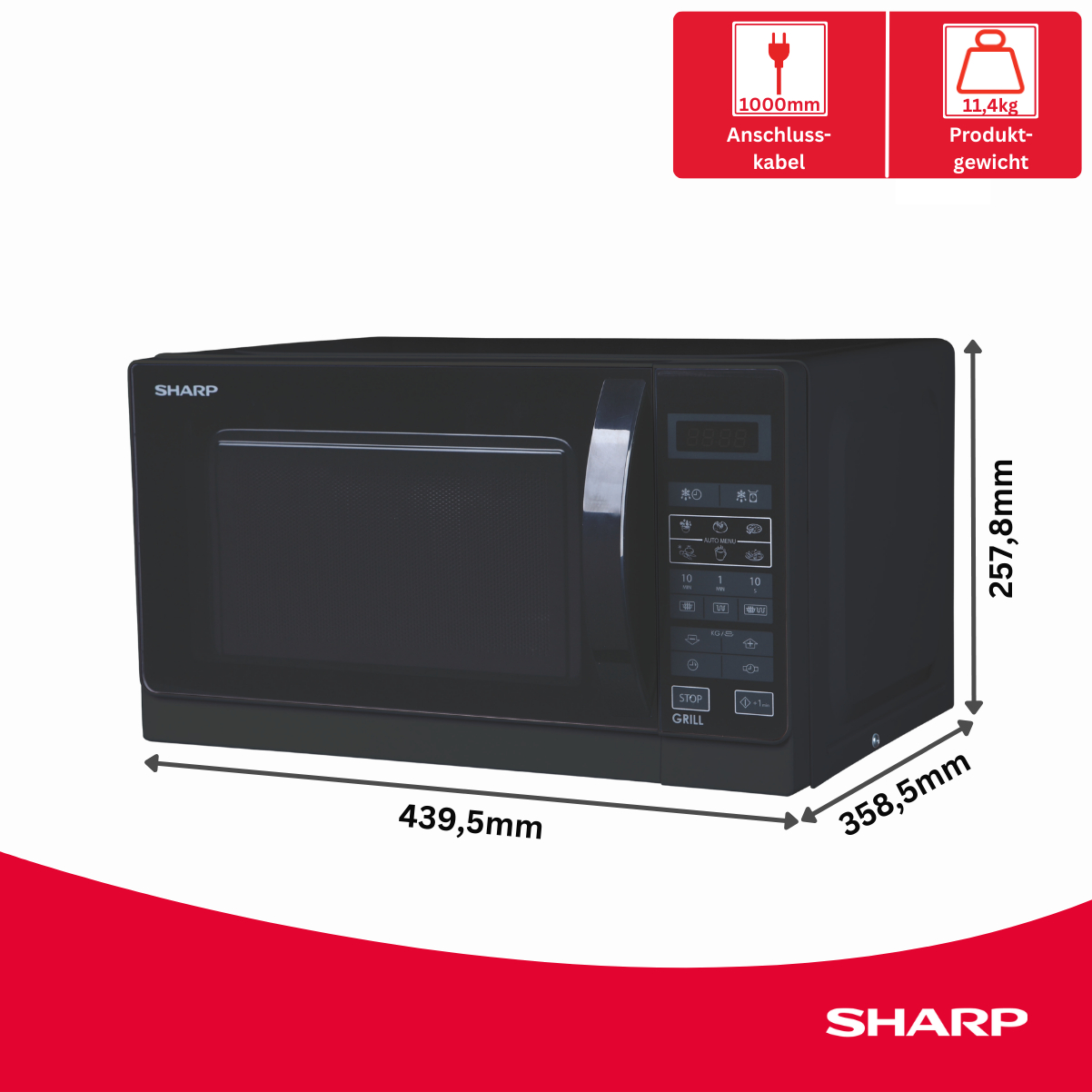 Schwarze Sharp Mikrowelle mit Display, Bedienfeld und Maßen auf weißem Hintergrund.