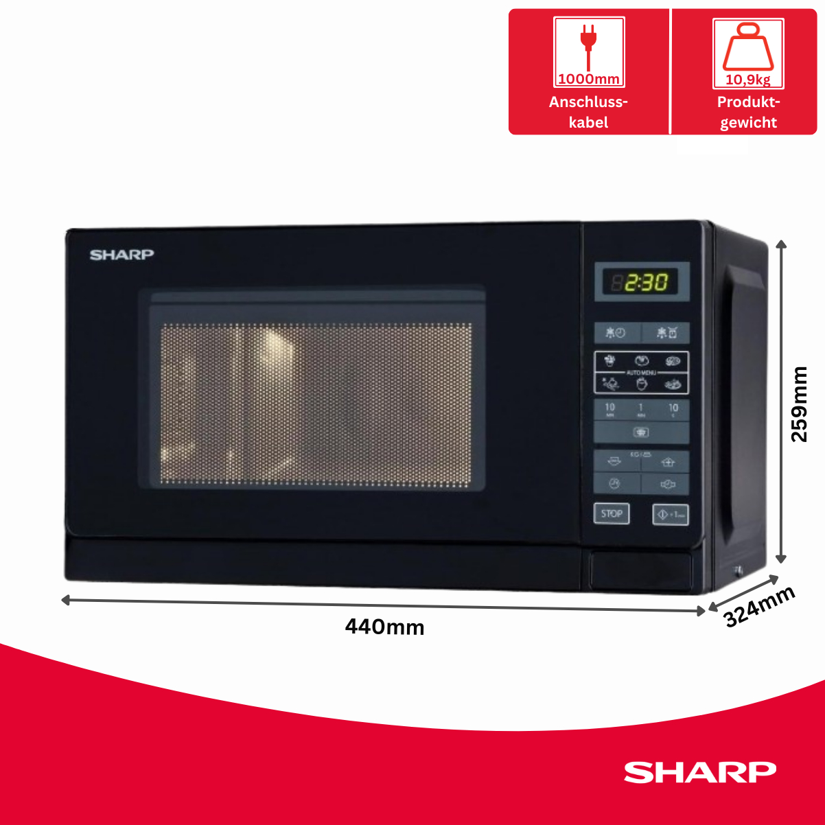 Schwarze Sharp Mikrowelle, 440x324x259mm, 1000mm Kabel, 10,9kg Gewicht.
