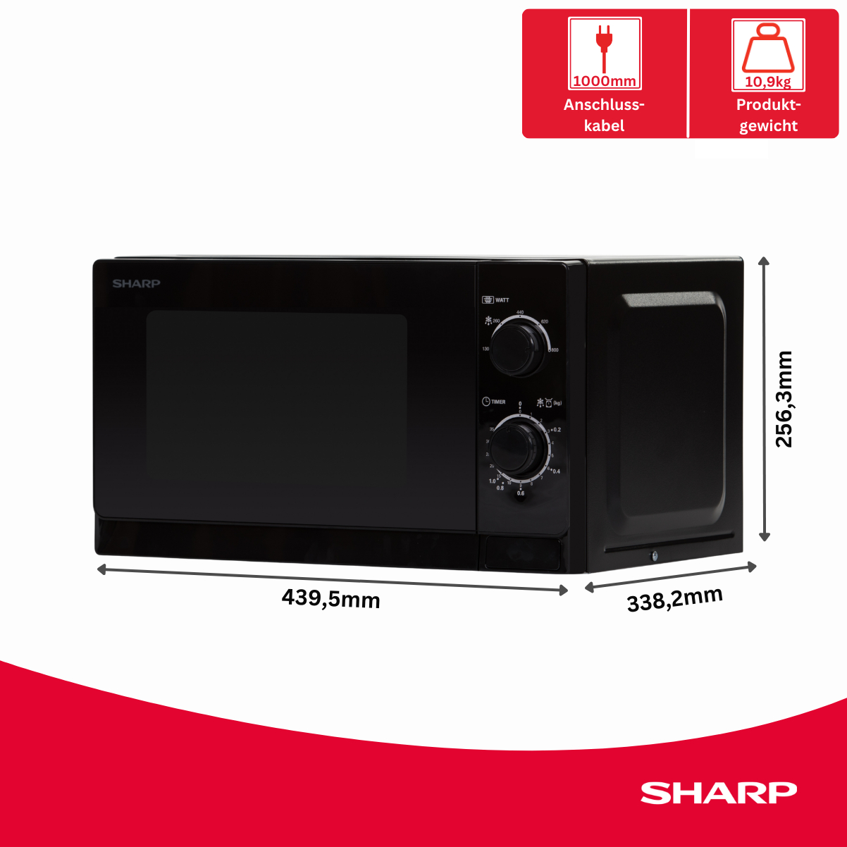 Schwarze Mikrowelle von Sharp mit Maßen und Gewichtsangabe.