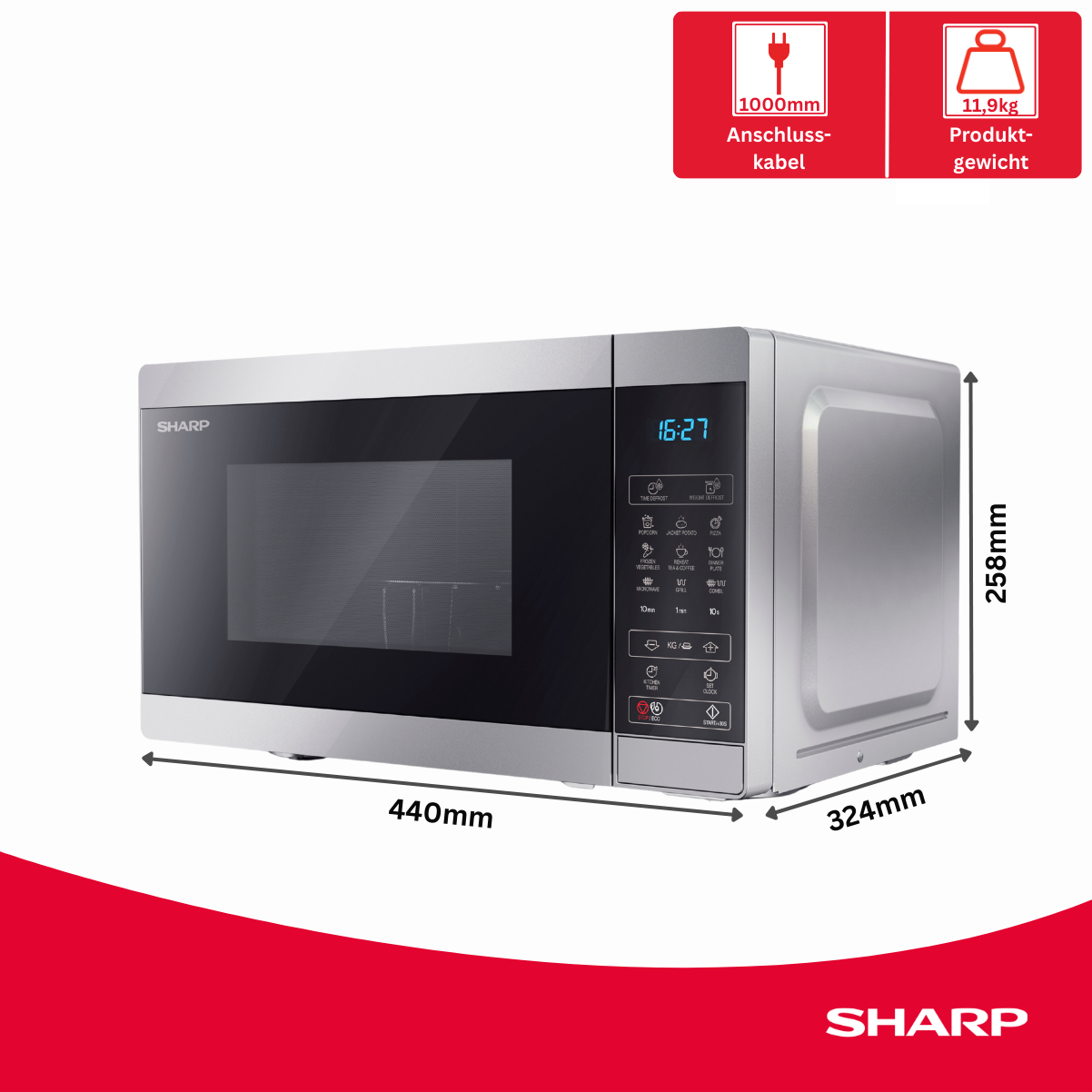 Silberne Sharp Mikrowelle mit digitaler Anzeige, Bedienelementen und Maßen.
