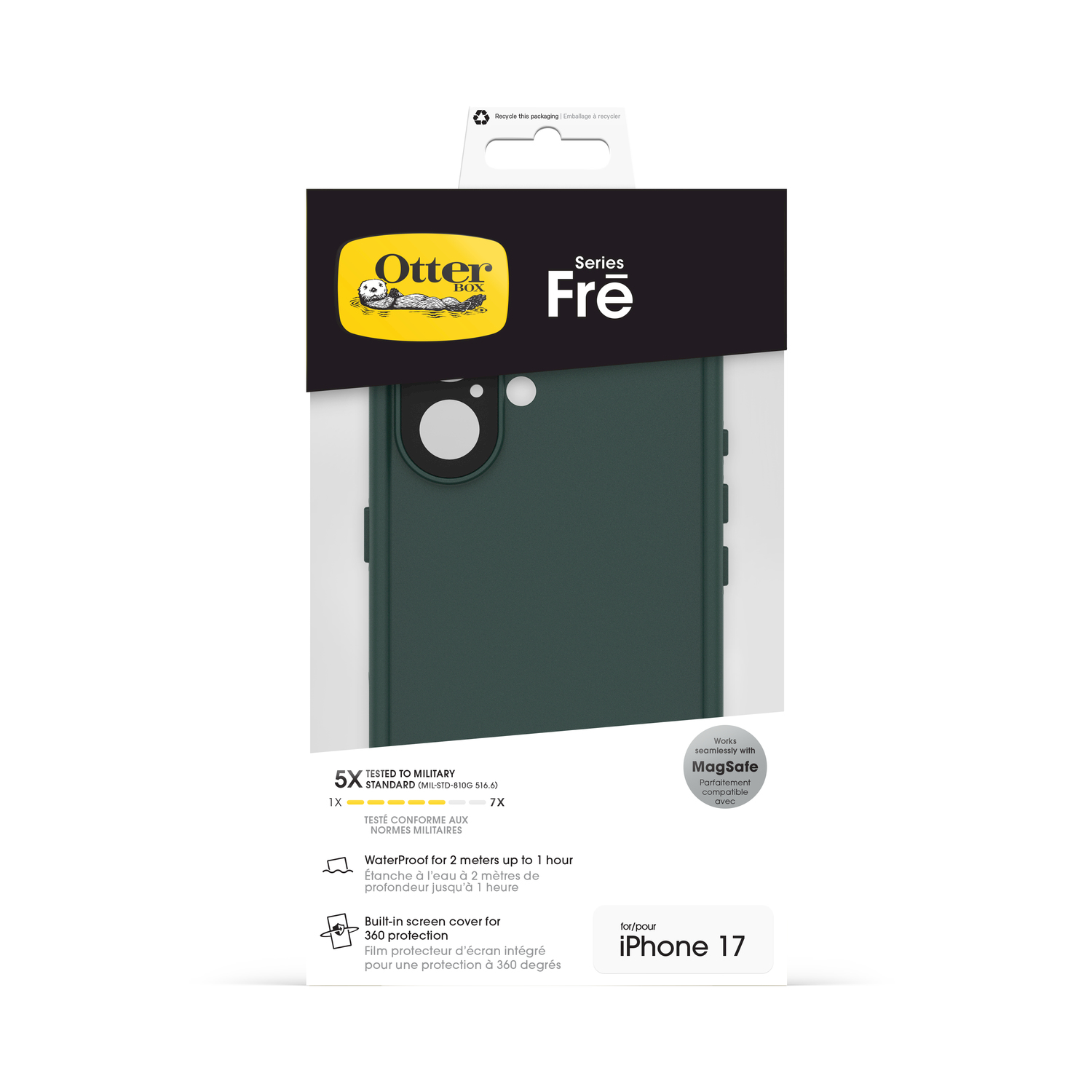 Custodia OtterBox Frē per iPhone 17, verde scuro, testata 5x standard militare, impermeabile.