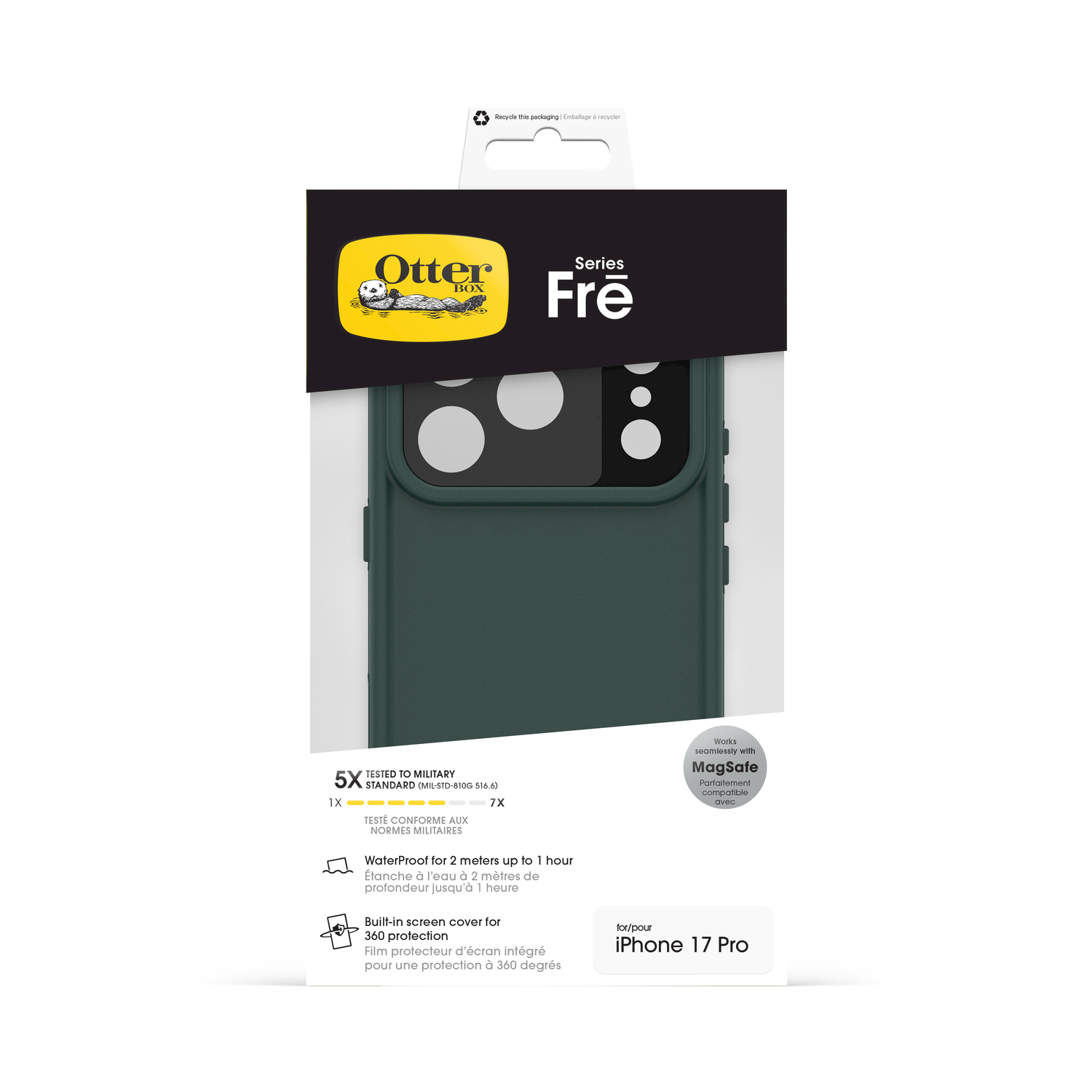 Custodia OtterBox Fre per iPhone 17 Pro verde scuro, impermeabile, testata militare.