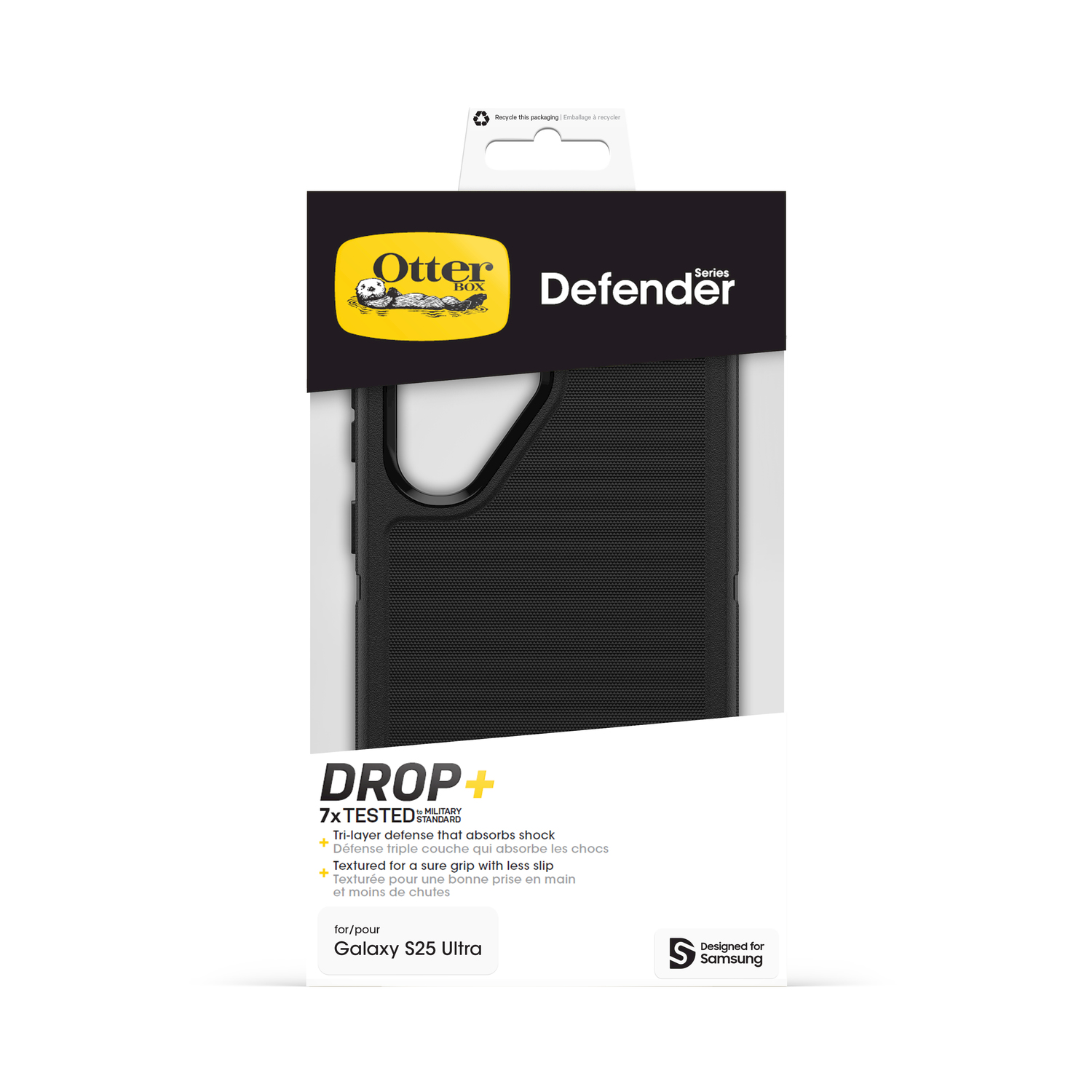 Custodia Otterbox Defender nera per Galaxy S25 Ultra con testo.