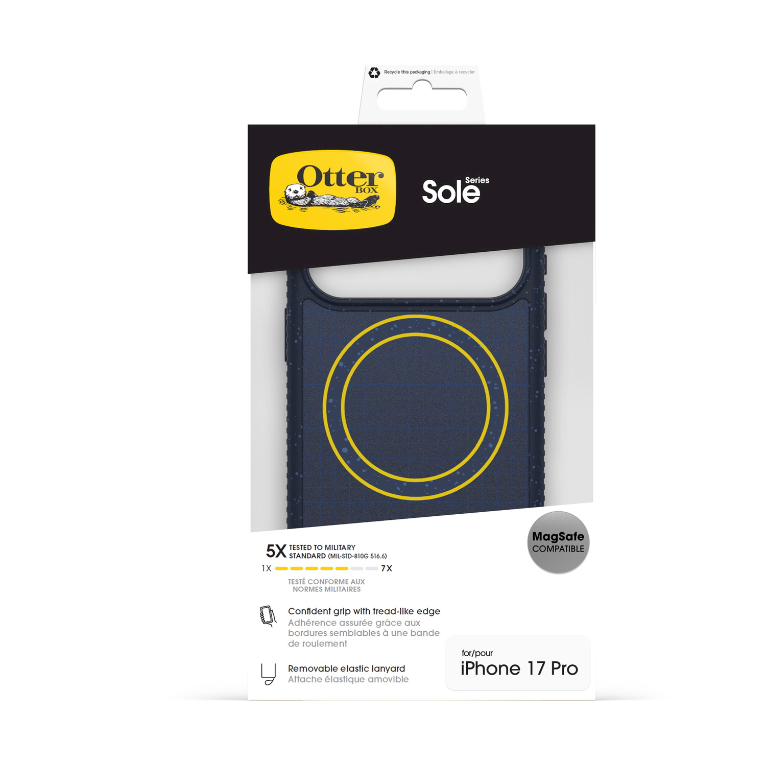 Custodia OtterBox iPhone 17 Pro, blu scuro con anelli gialli, compatibile MagSafe.