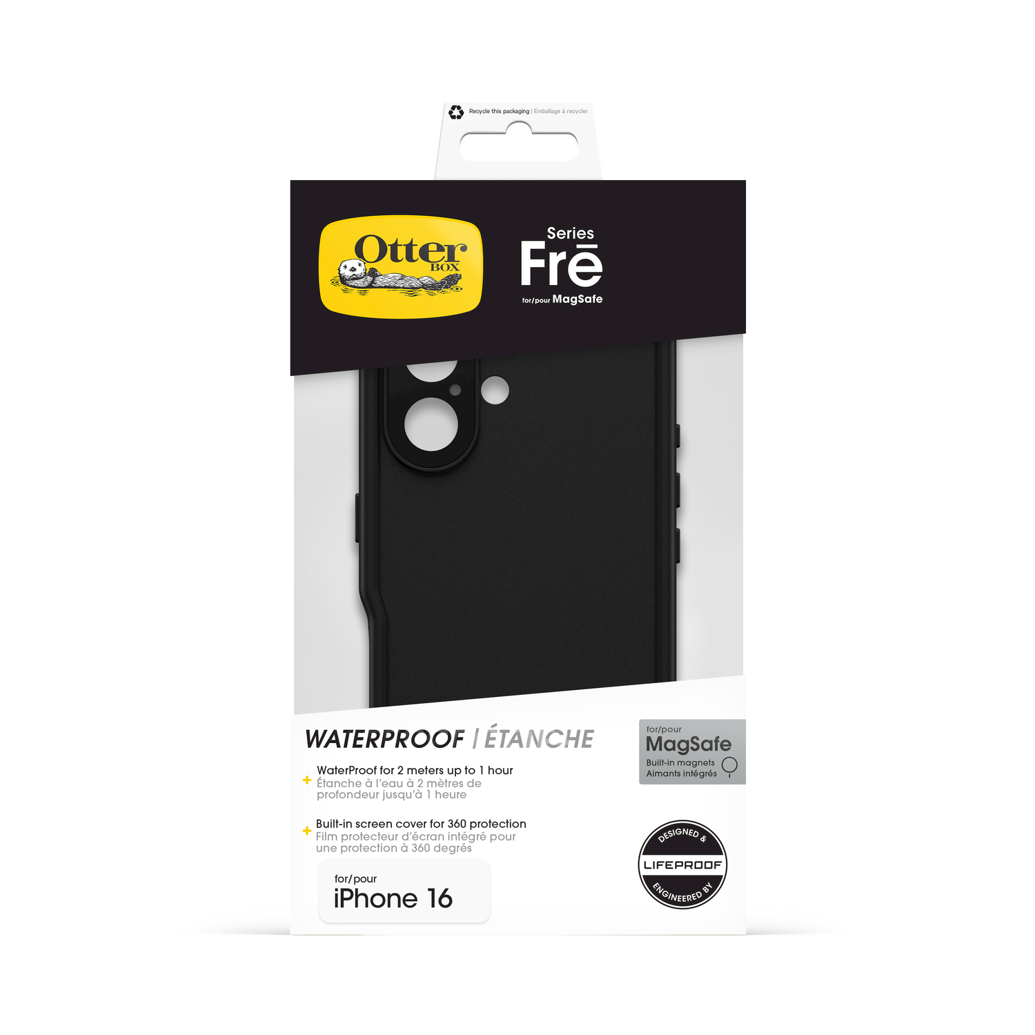 Custodia OtterBox Frē nera per iPhone 16 con MagSafe, impermeabile.
