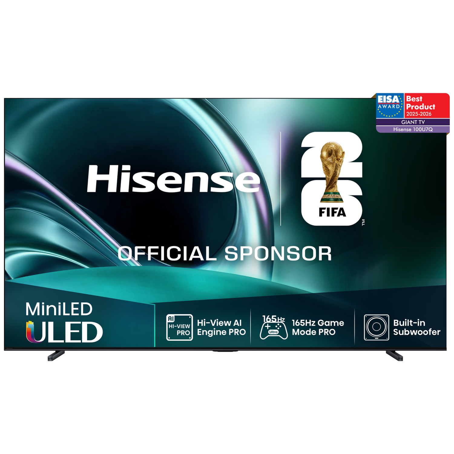 Hisense MiniLED ULED TV, FIFA sponsor, EISA award, 165Hz, ingebouwde subwoofer.