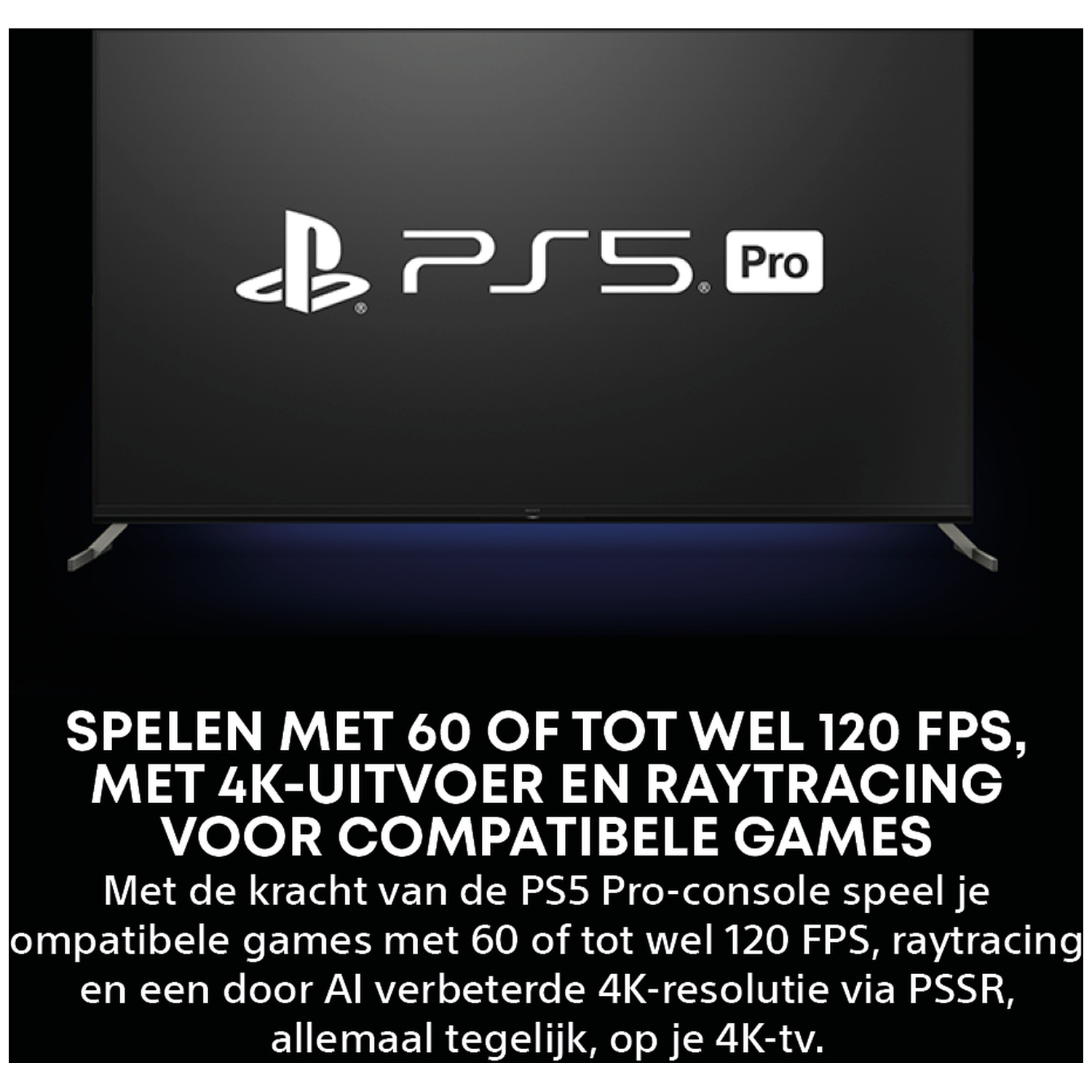 PS5 Pro logo op donker scherm met tekst over 4K gaming.