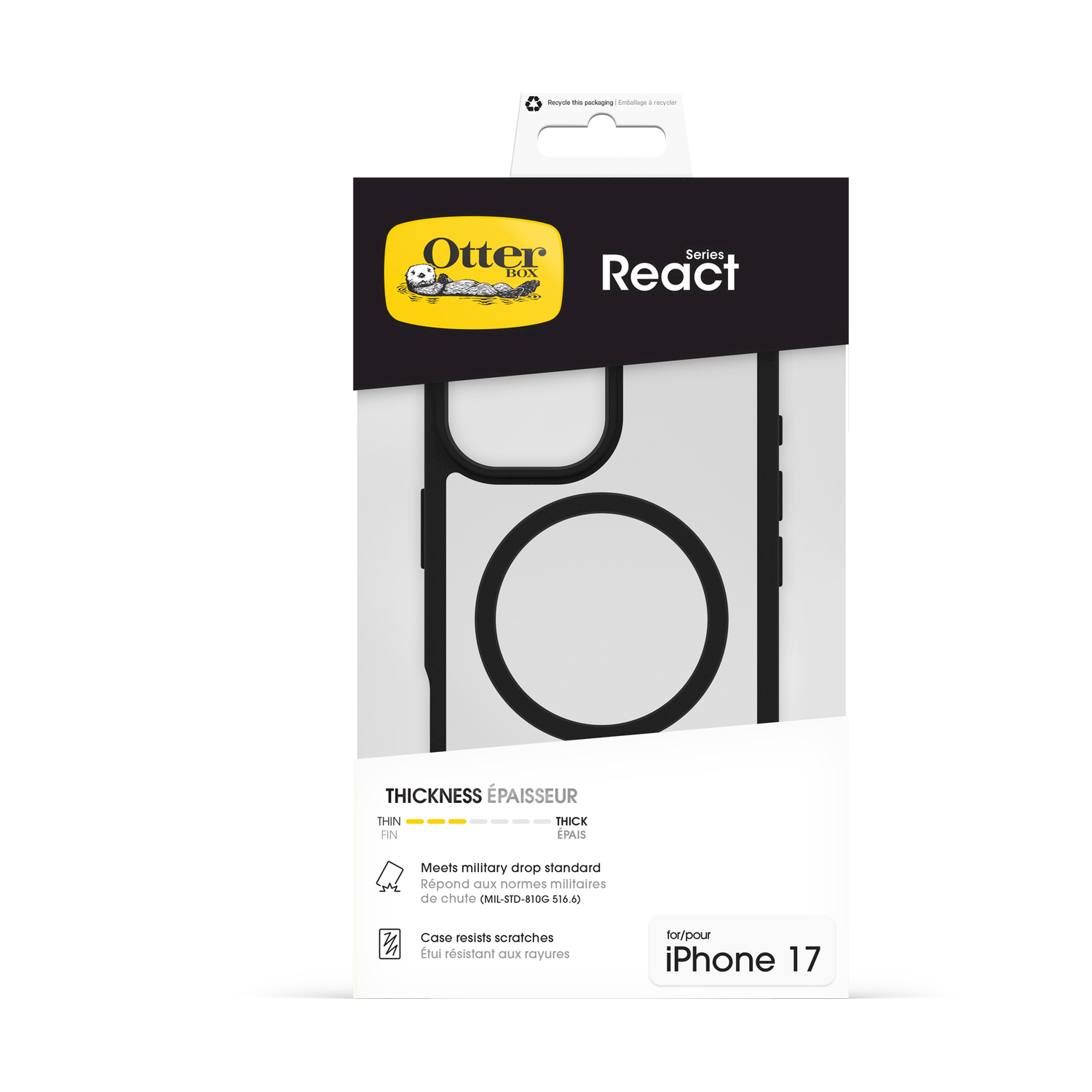 Custodia OtterBox React Series per iPhone 17, nera, resistente a cadute e graffi.