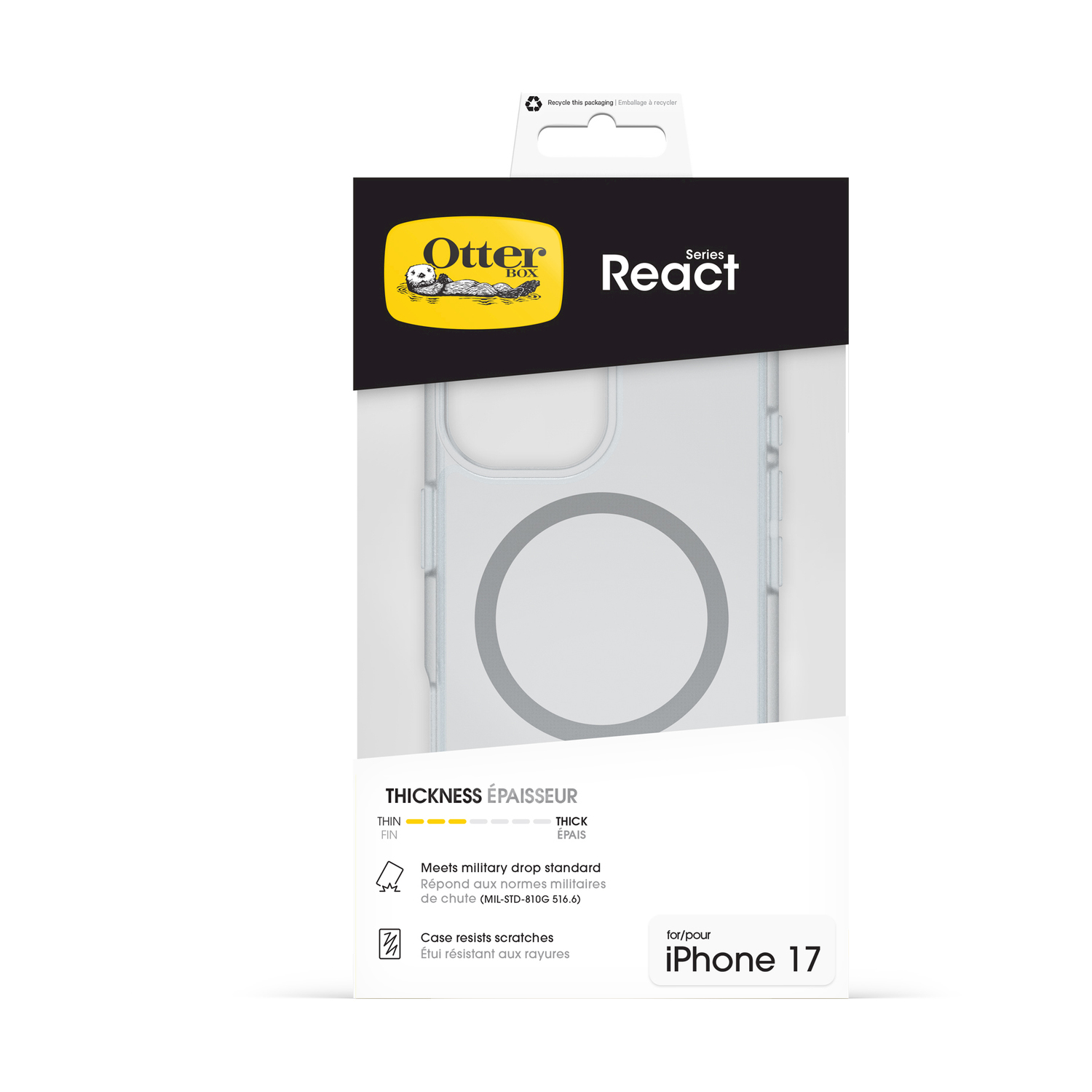 Custodia OtterBox React per iPhone 17, bianca, protezione caduta, resistente graffi.