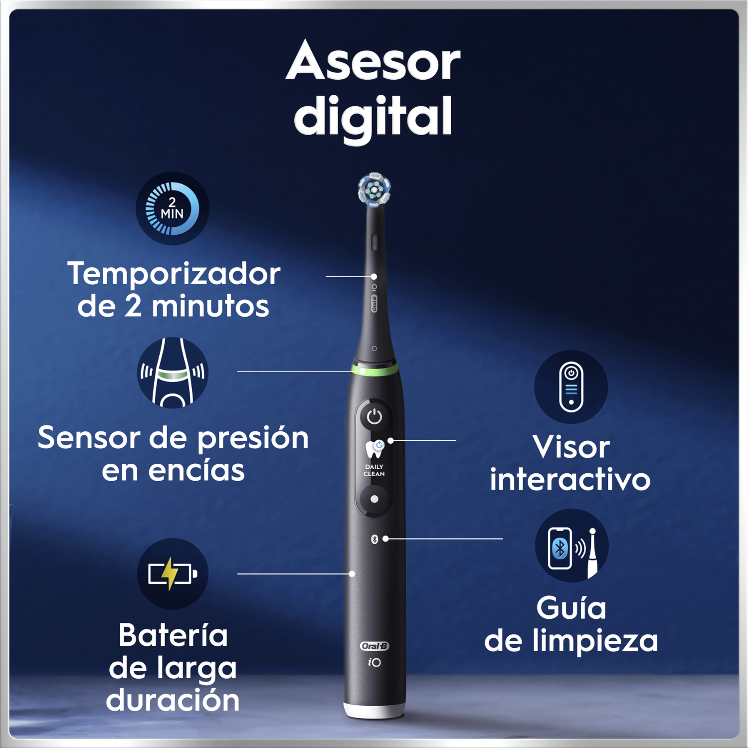 Asesor digital. Temporizador de 2 minutos. Sensor de presión de las encías.  Batería de larga duración. Visor interactivo. Guía de limpieza