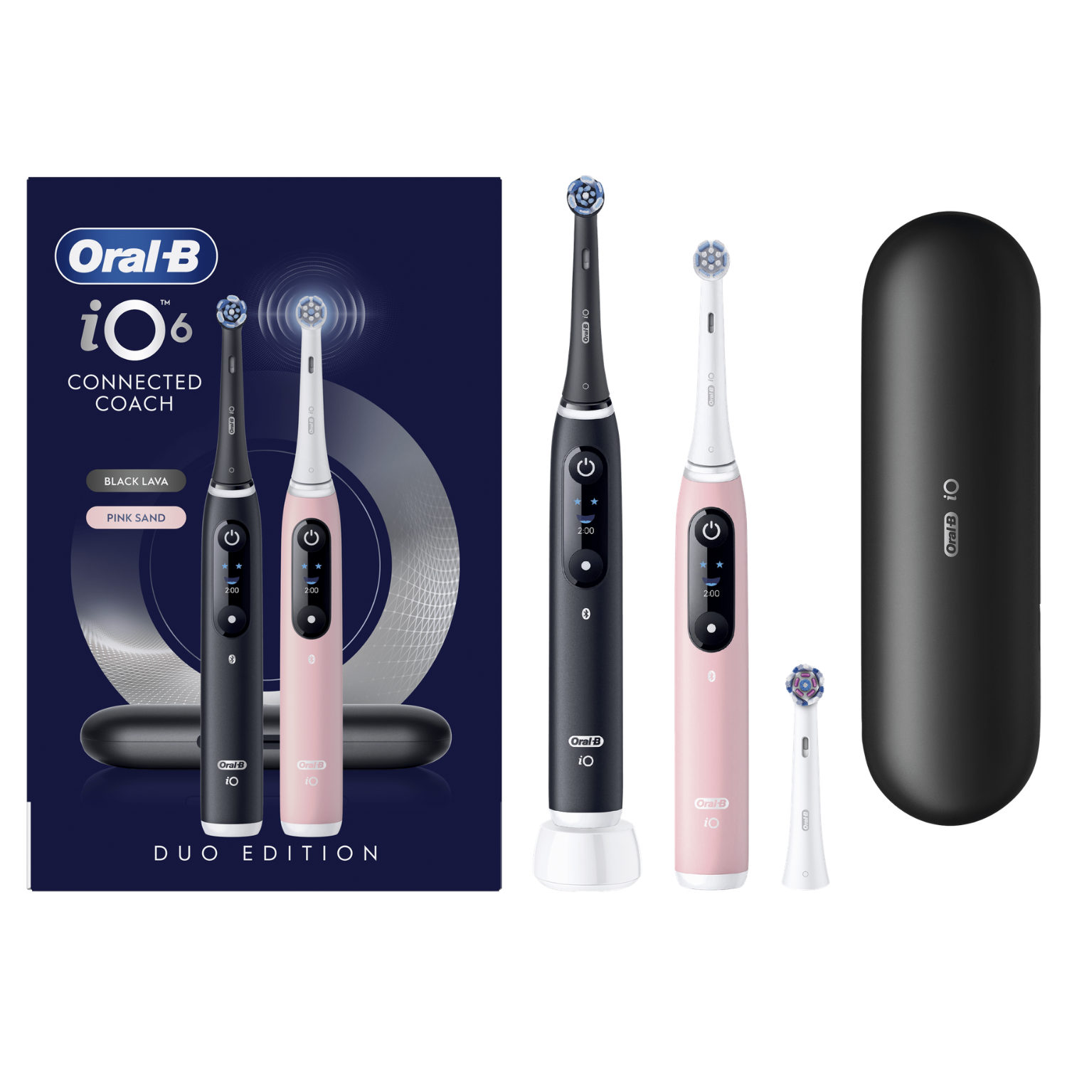 Dos cepillos de dientes eléctricos Oral-B iO, negro y rosa, con estuche.