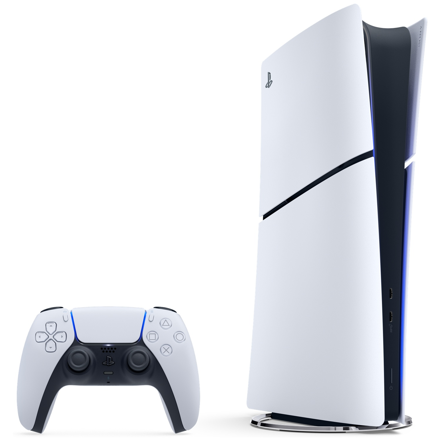 Une console de jeu blanche et sa manette assortie sur fond blanc.