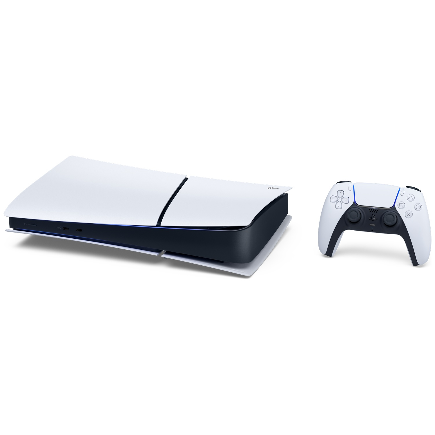 Une manette blanche PlayStation 5 repose à côté de la console.