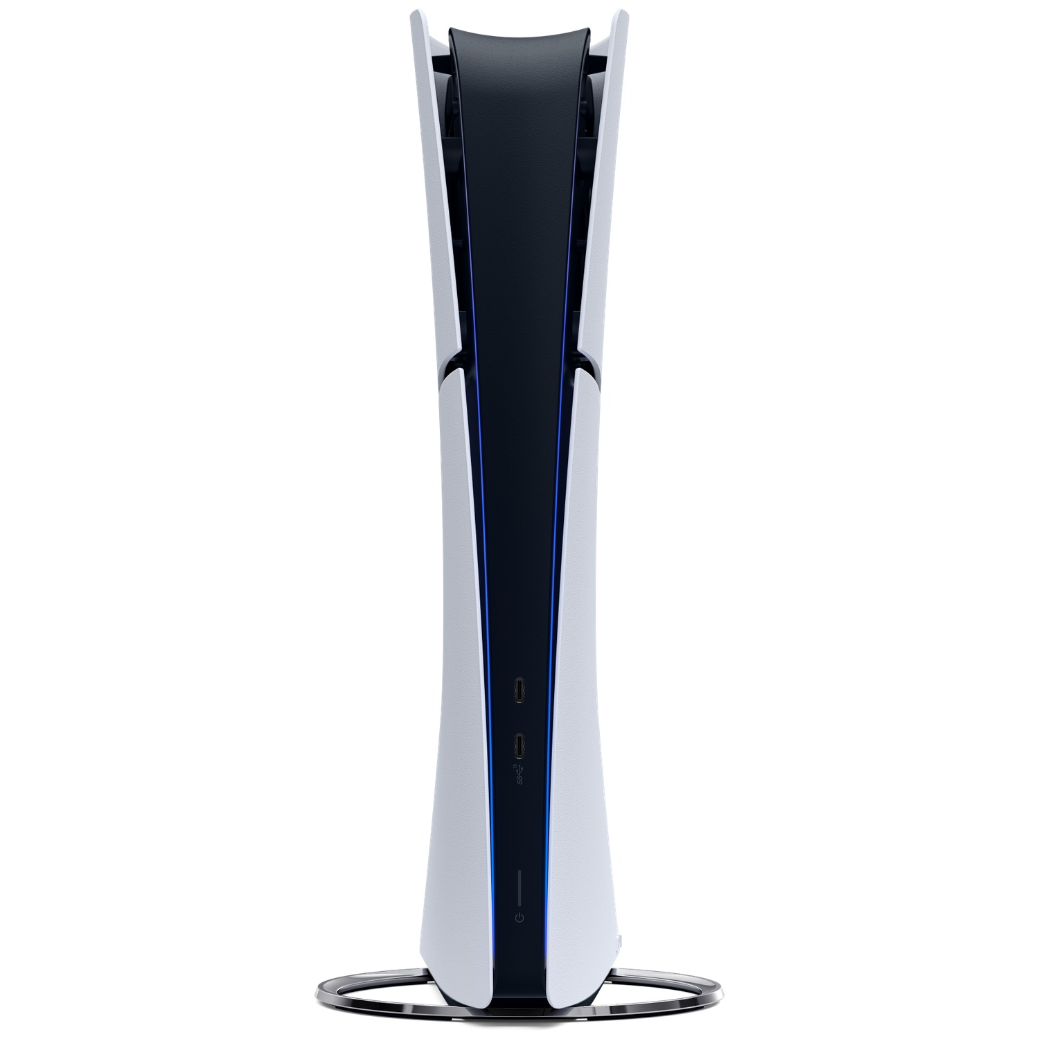 Une console PlayStation 5 blanche et noire se tient verticalement sur une base argentée sur fond blanc.