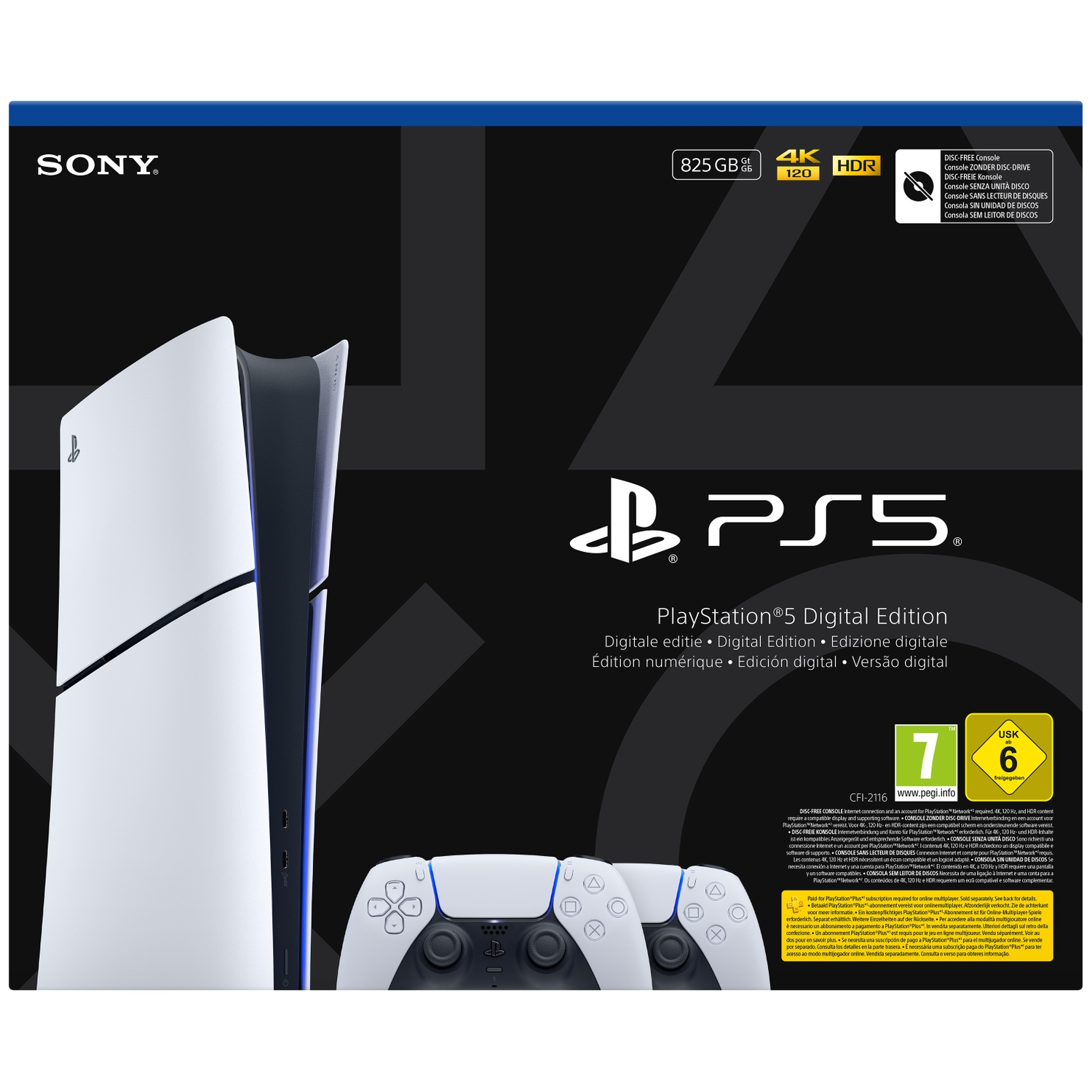 Console Sony PlayStation 5 Édition Digitale avec deux manettes sur la boîte.