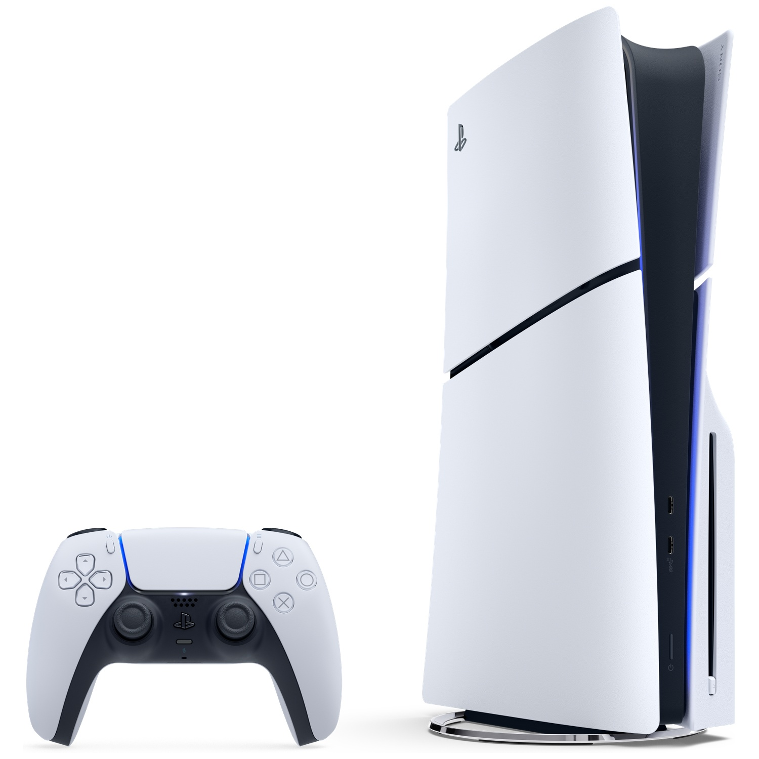 Een witte spelcomputer met een controller op witte achtergrond.