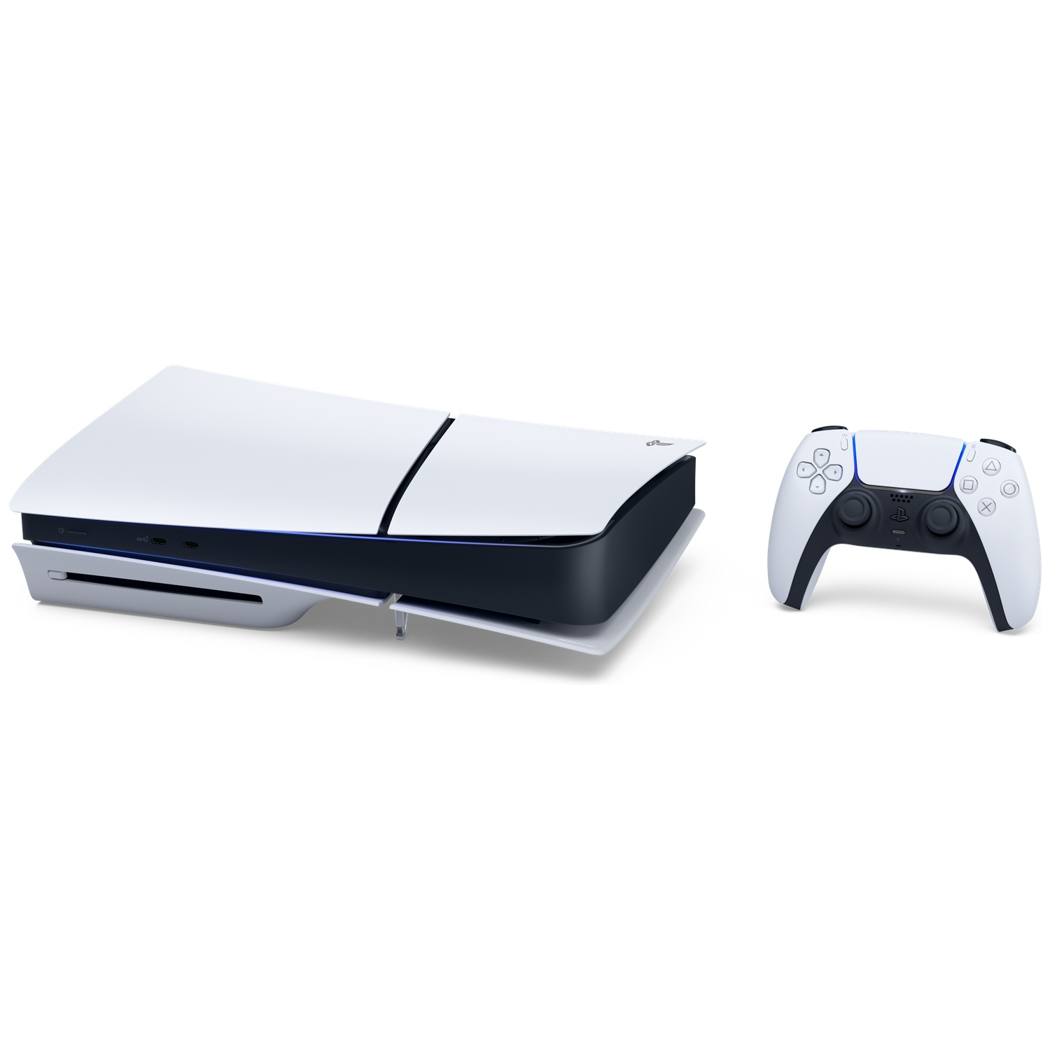 Een witte spelcomputer en een witte controller, beide met blauwe accenten, op een witte achtergrond.