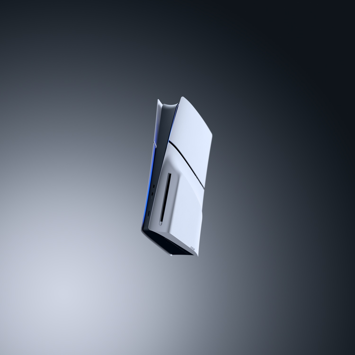 Een witte spelcomputer met blauwe lichten zweeft tegen een donkere achtergrond.
