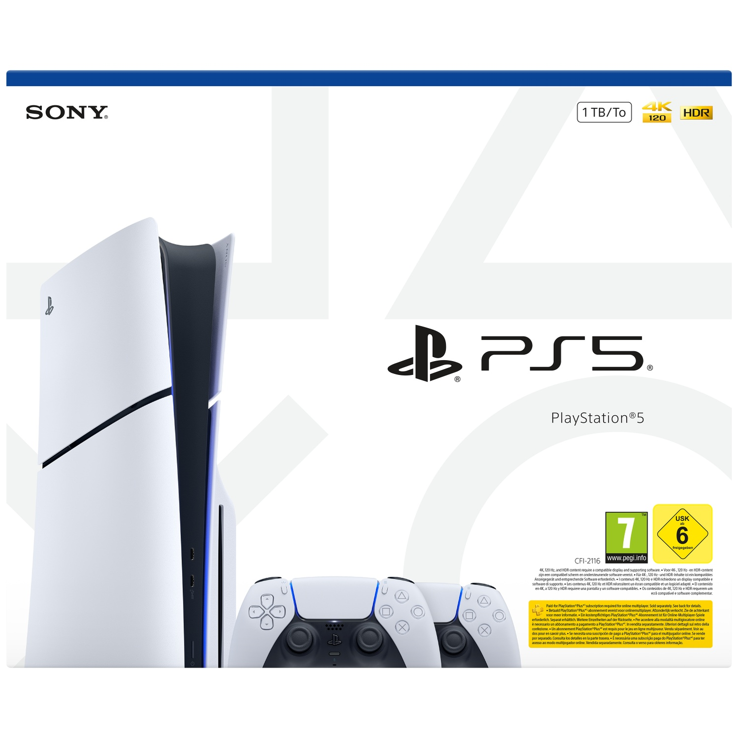 Sony PlayStation 5 console met twee controllers, 1TB opslag, 4K, 120Hz, HDR.