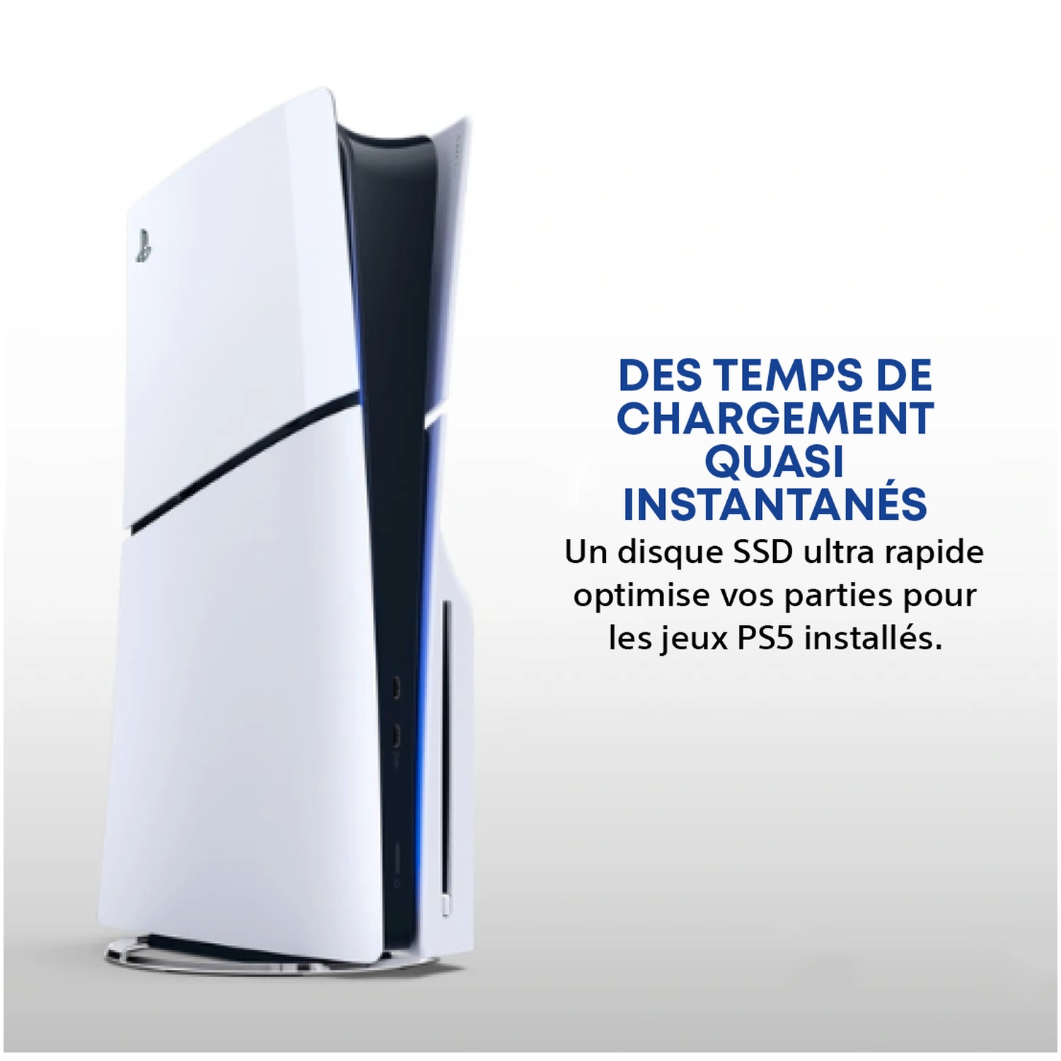 Console PS5 blanche avec accents bleus, texte sur les temps de chargement rapides.