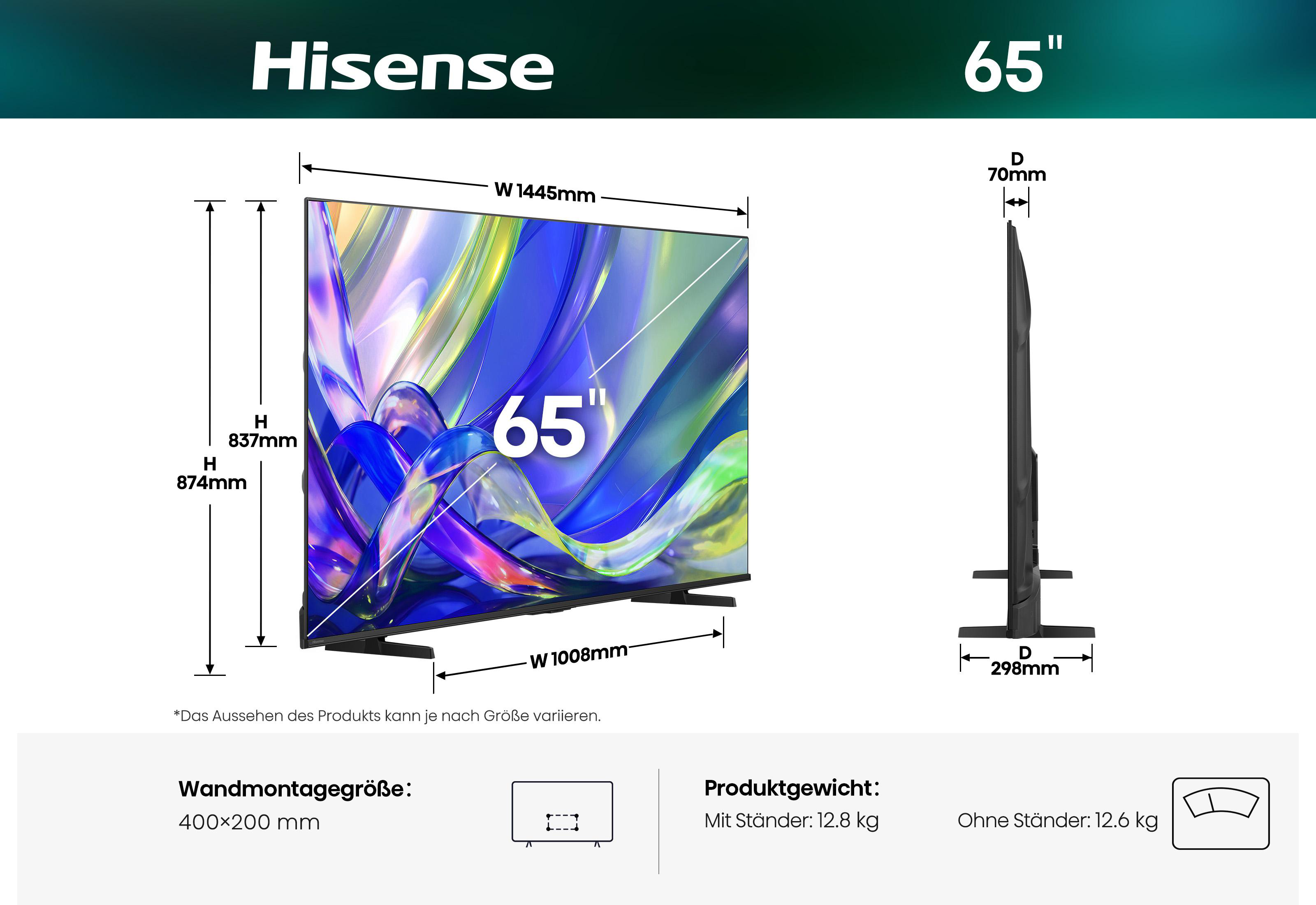 Hisense 65-Zoll-Fernseher mit Maßen und Gewichtsangaben.