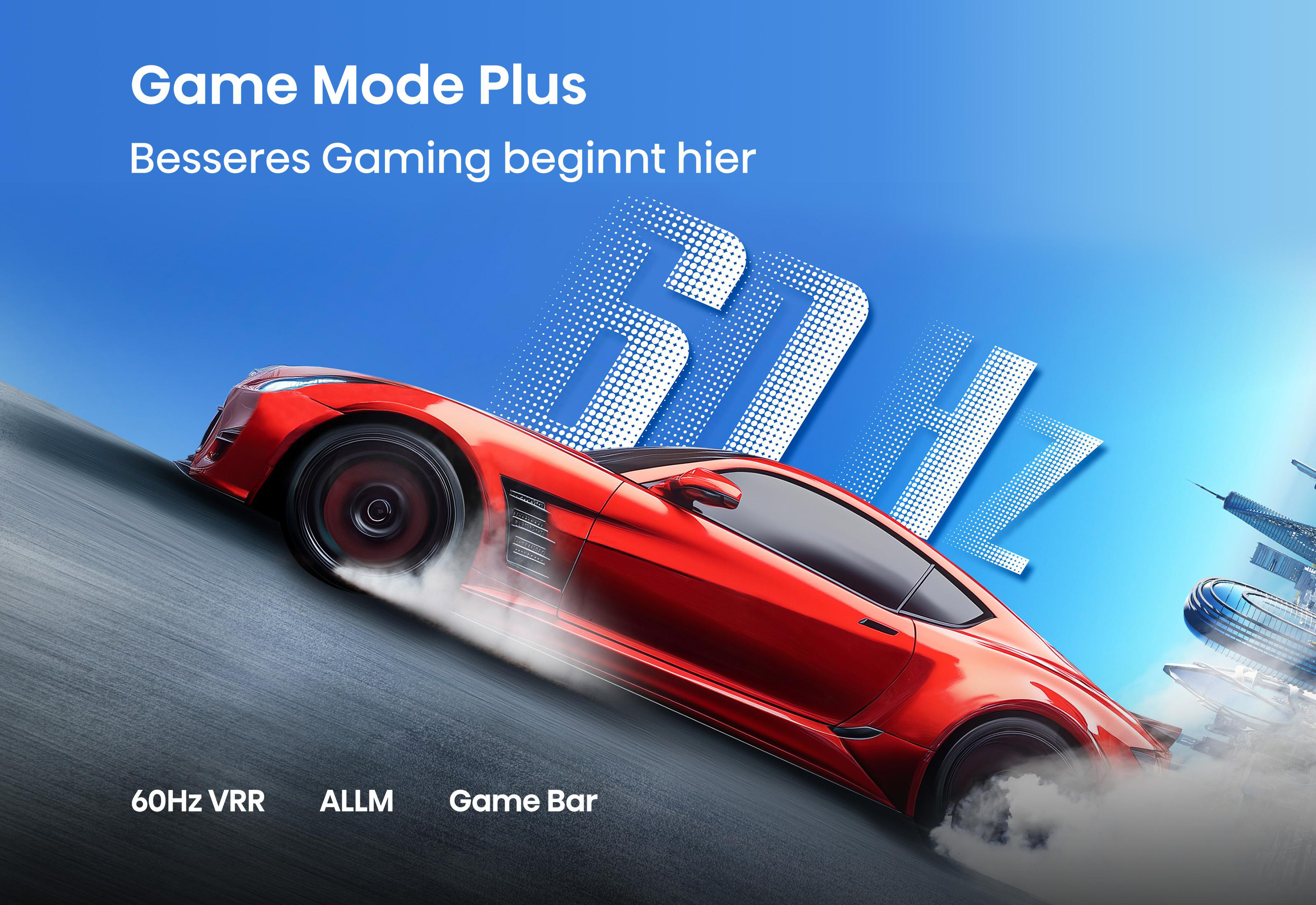 Ein rotes Sportauto driftet auf einer Straße mit Rauch. Text: Game Mode Plus.
