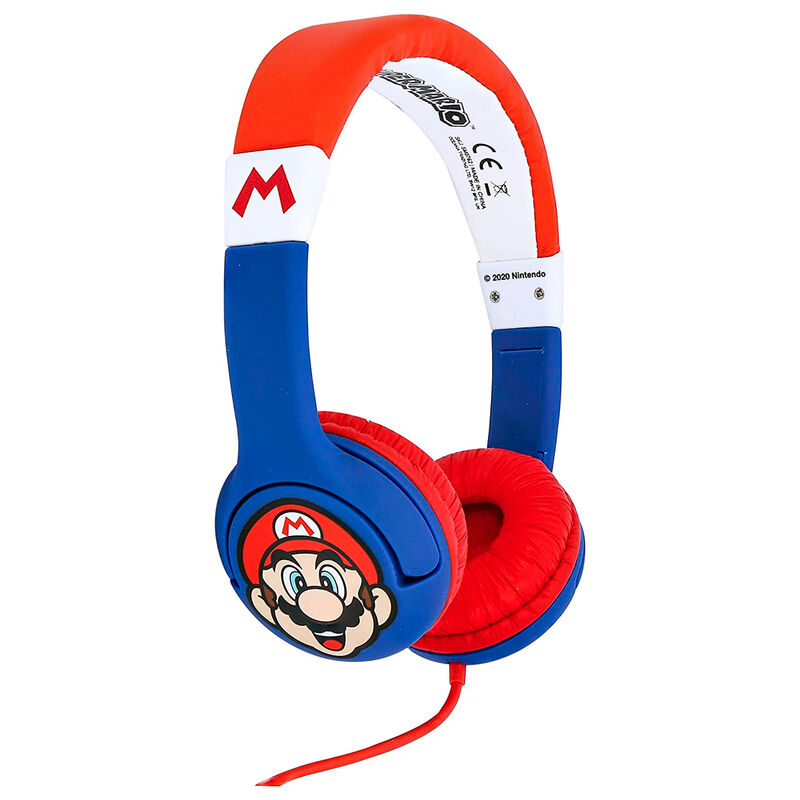 Auriculares azules y rojos con diseño de Mario y cable rojo sobre fondo blanco.