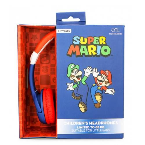 Auriculares infantiles Super Mario, azules y rojos, con Mario y Luigi.