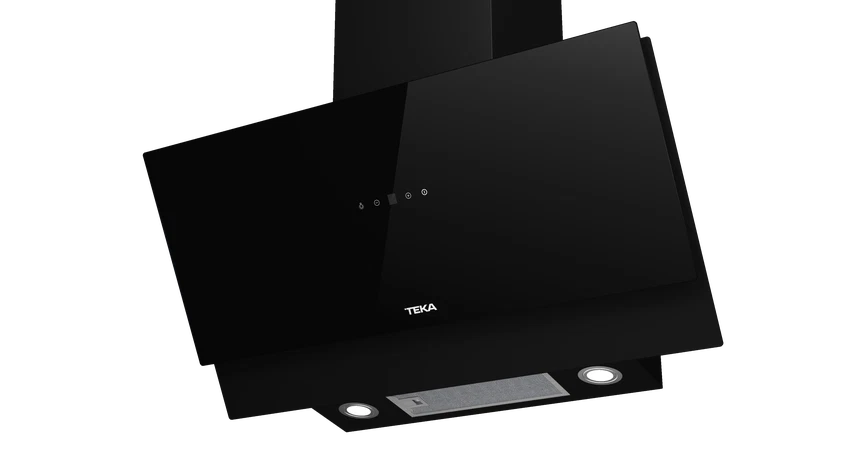 Moderna campana extractora negra con controles táctiles y luces.