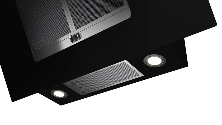 Una campana extractora de metal negro con dos luces y filtros.