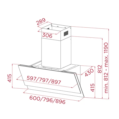 Dibujo técnico de una campana extractora con dimensiones.