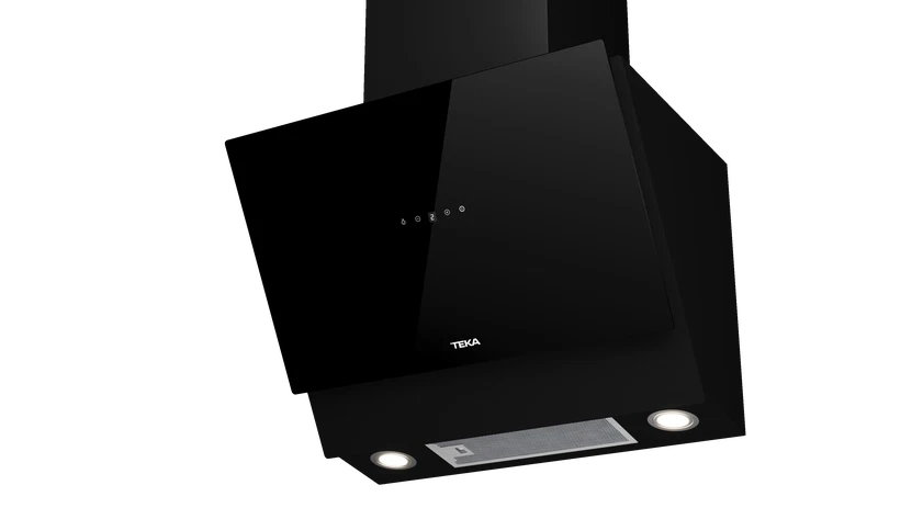 Campana extractora negra de cristal con controles táctiles y luces.