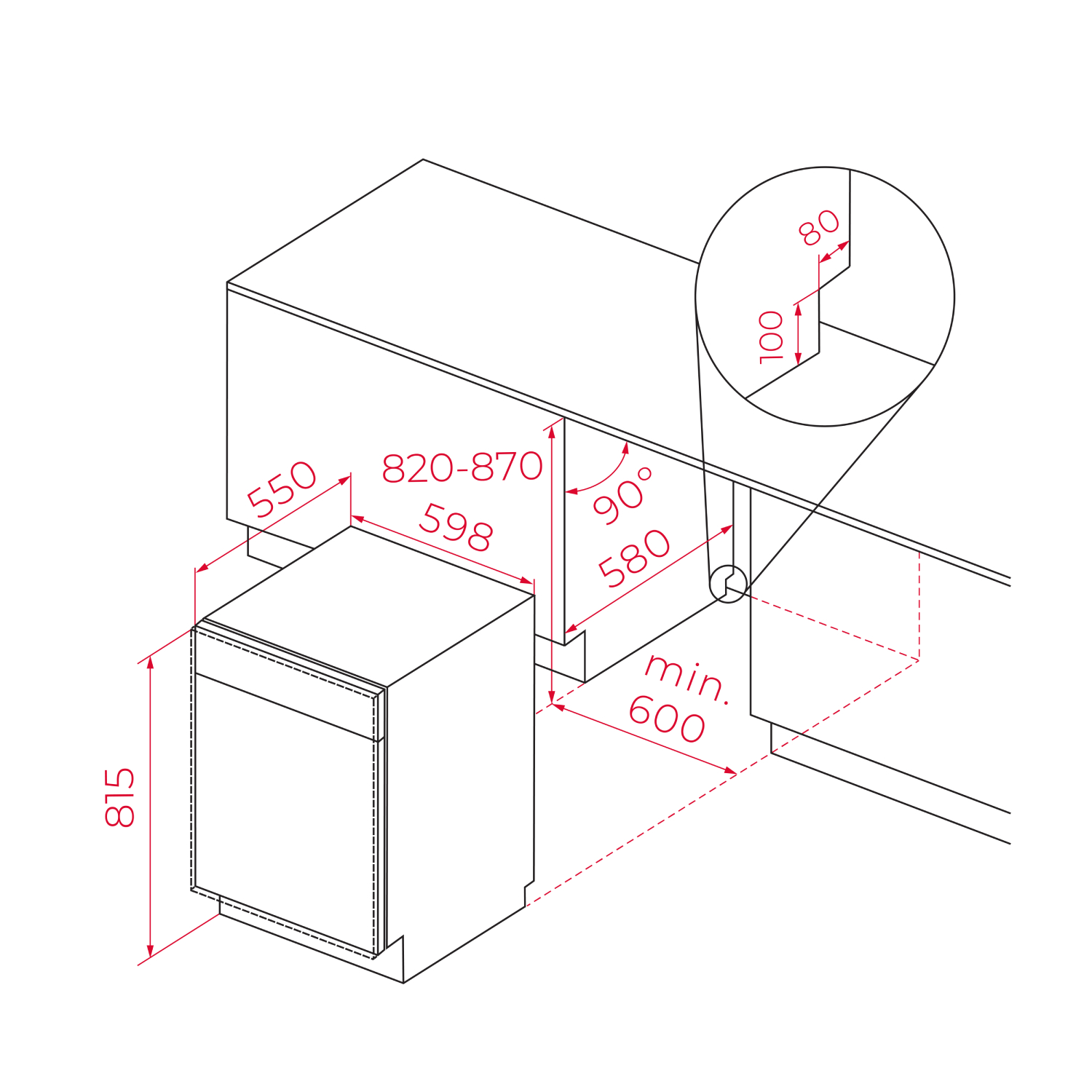 Dibujo técnico de un electrodoméstico empotrable con medidas como 815 mm de alto y 550 mm de ancho.